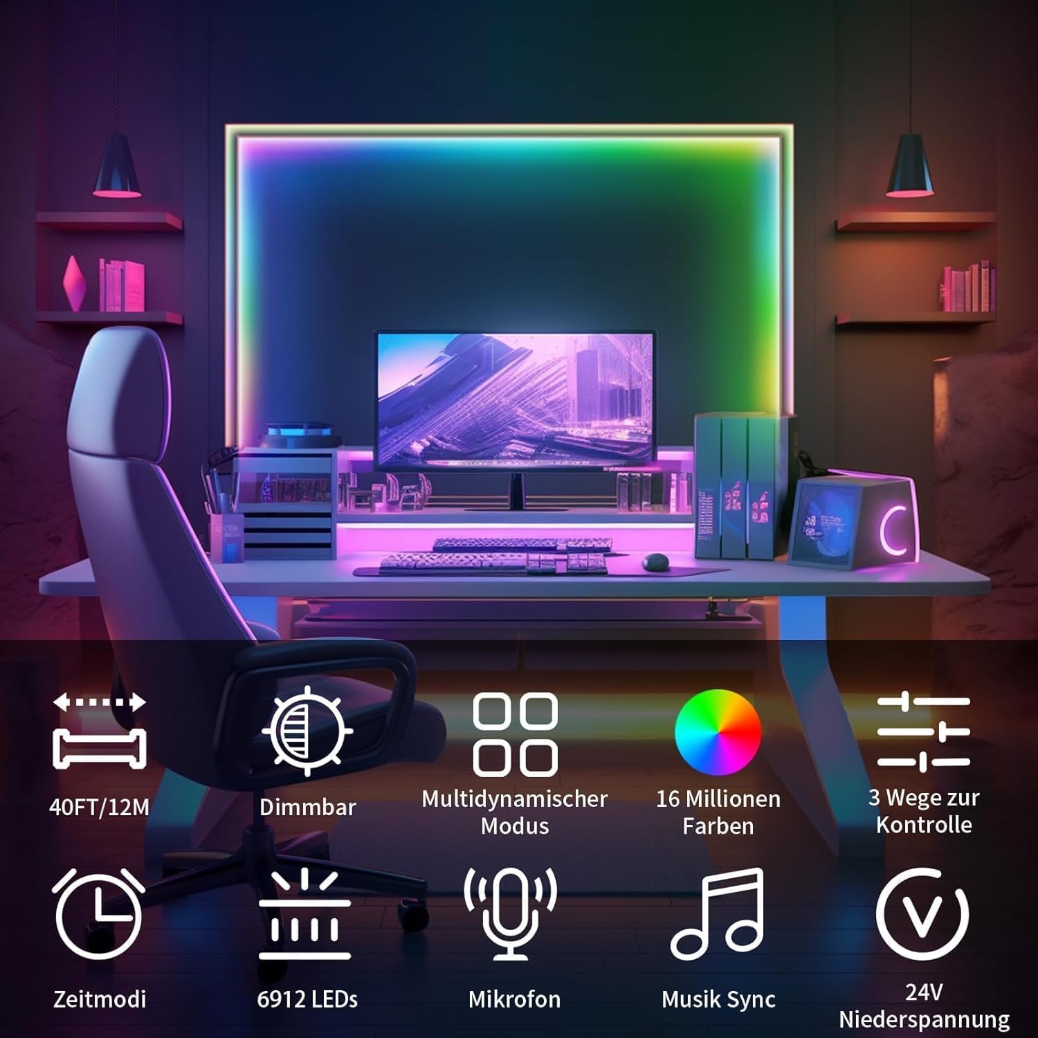 RGB+IC COB LED Streifen 12M LED Band 24V mit App Steuerung & Dimmbar | RF Fernbedienung Timer und Musik Sync,selbstklebend für einfache Montage in Wohnzimmer,Schlafzimmer,Gaming und Party