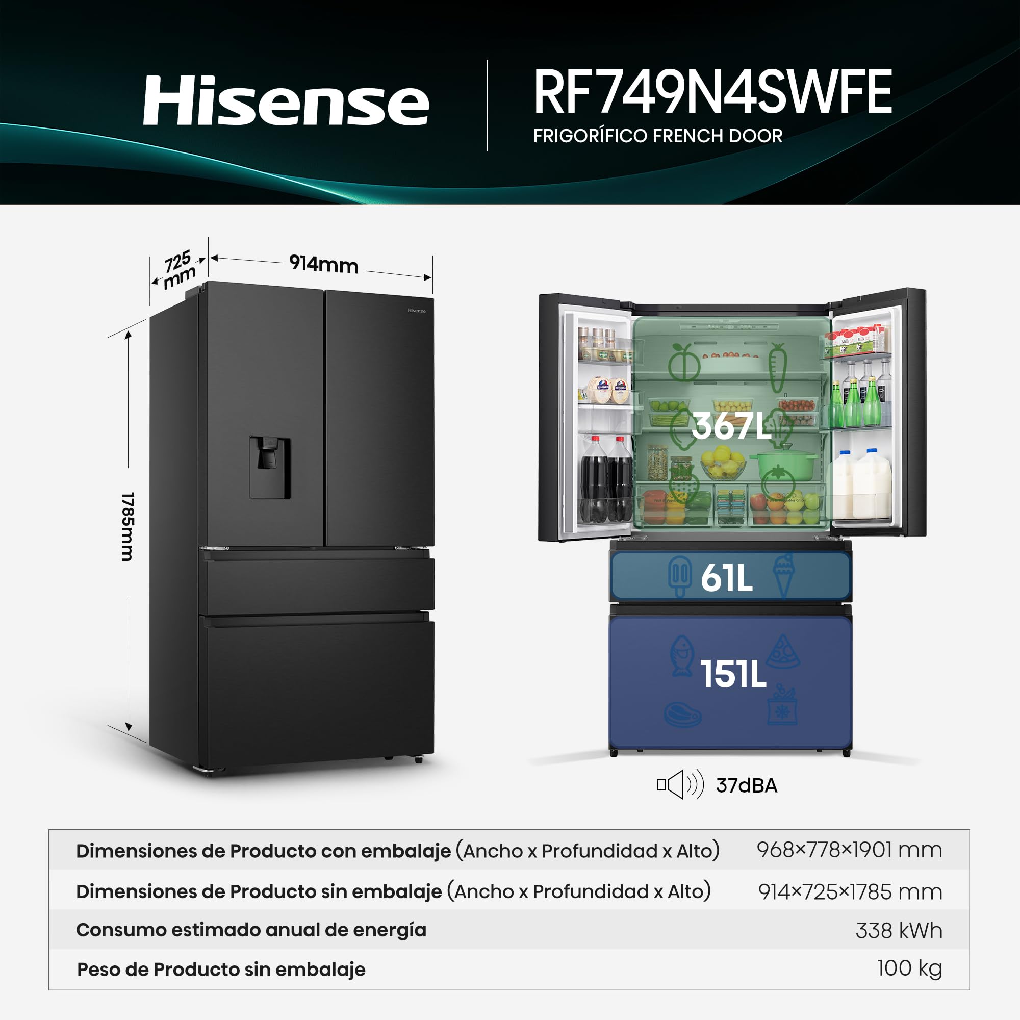 Hisense RF749N4SWFE - Frigorífico Americano Puerta Francesa Total No Frost, 579L,179cm, Metal-Tech Cooling, My Fresh Choice, Multi Airflow, Dispensador Agua con Depósito, Inverter, WiFi, Dark Inox