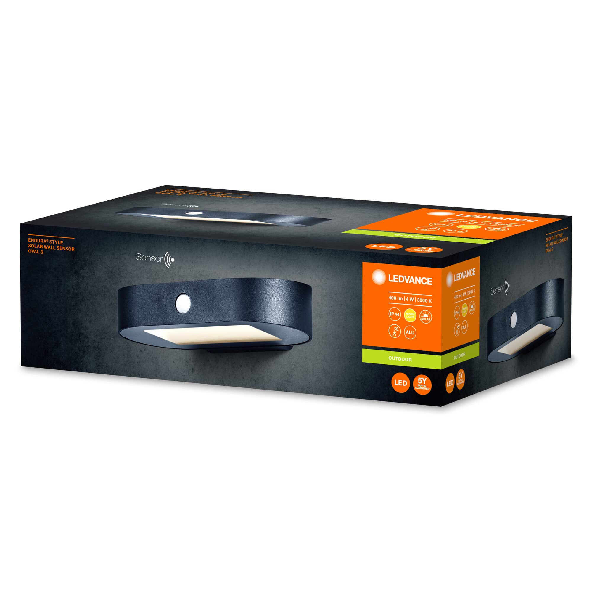 LEDVANCE ENDURA Style Oval S applique solare piccola, luce bianca calda (3000K), sensore integrato, senza alimentazione, lunga durata batteria: 30 accensioni da 60 secondi in modalità PIR, IP44, nero