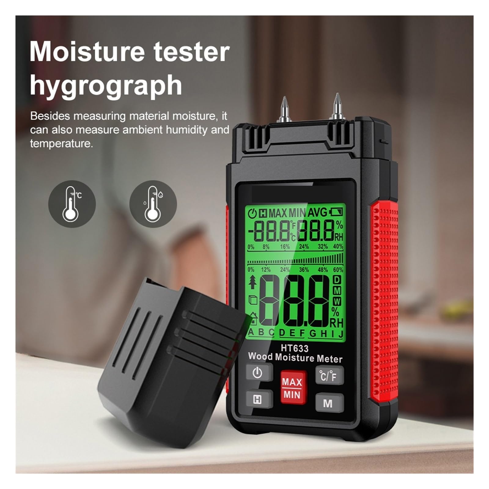 Medidor de Humedad, HT633 Medidor de humedad digital Probador de humedad de madera Higrómetro 0~57% Detector de humedad de madera Pantalla LCD