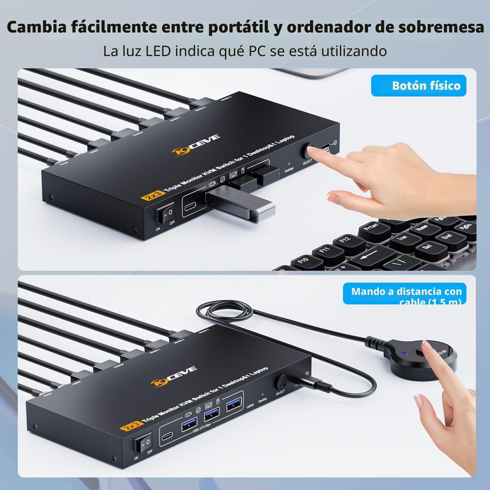 Triple Monitor KVM Switch 1 Laptop 1 Desktop, USB 3.1 KVM Switch 2 PC 3 Monitores USB-C HDMI DP Comparten 4 USB ports, 100W PD, 4K@60Hz, MST, Wired Remote(4K USBC DP HD 2 in 3 out)