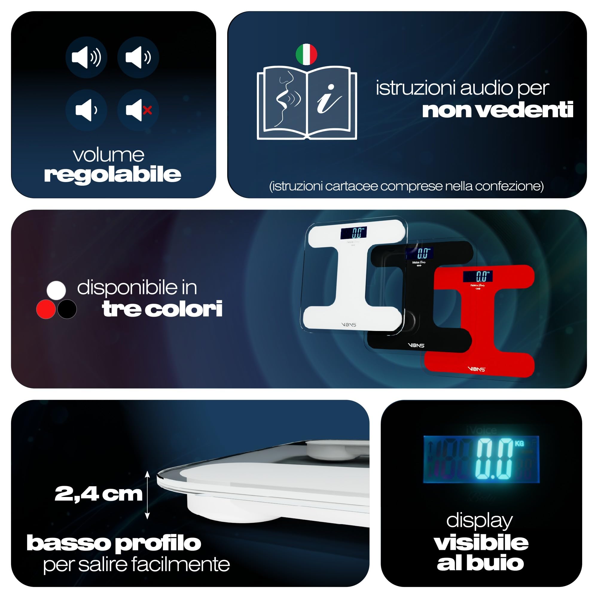 Bilancia Pesapersone Parlante VIBAS iVoice Body, per Non Vedenti o Anziani, Parla 5 Lingue, Voce Chiara, con Ausili Sonori per orientarsi, Ripetizione del Peso, Volume regolabile, Batterie Incluse