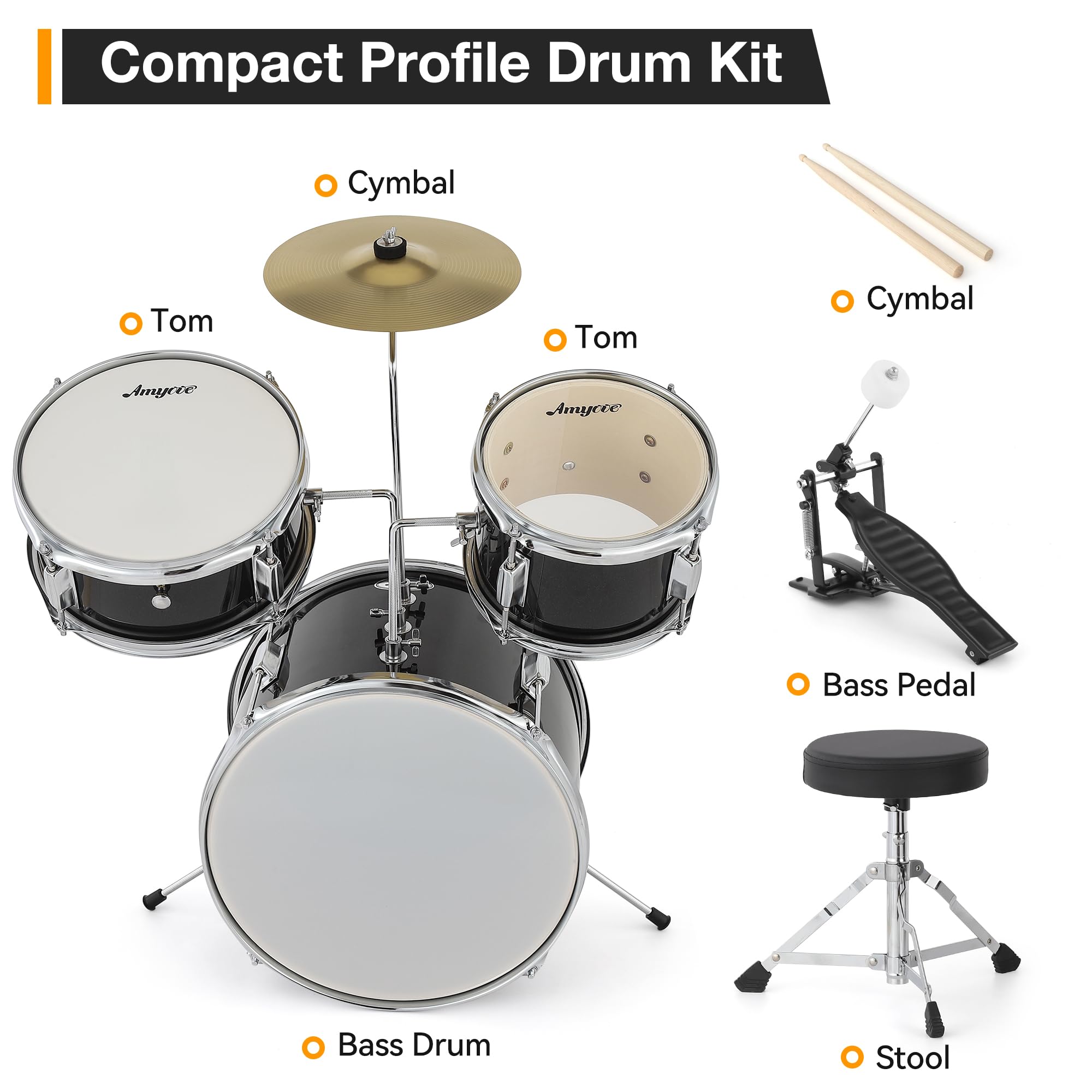 3-teiliges Schlagzeug-Set für Kinder – komplettes Musik-Set mit Bassdrum, Trommel, Tom, 10 Zoll (25,4 cm) Becken, Drumsticks, Hocker, Pedal – perfekt für Anfänger, Geschenk für Jungen und