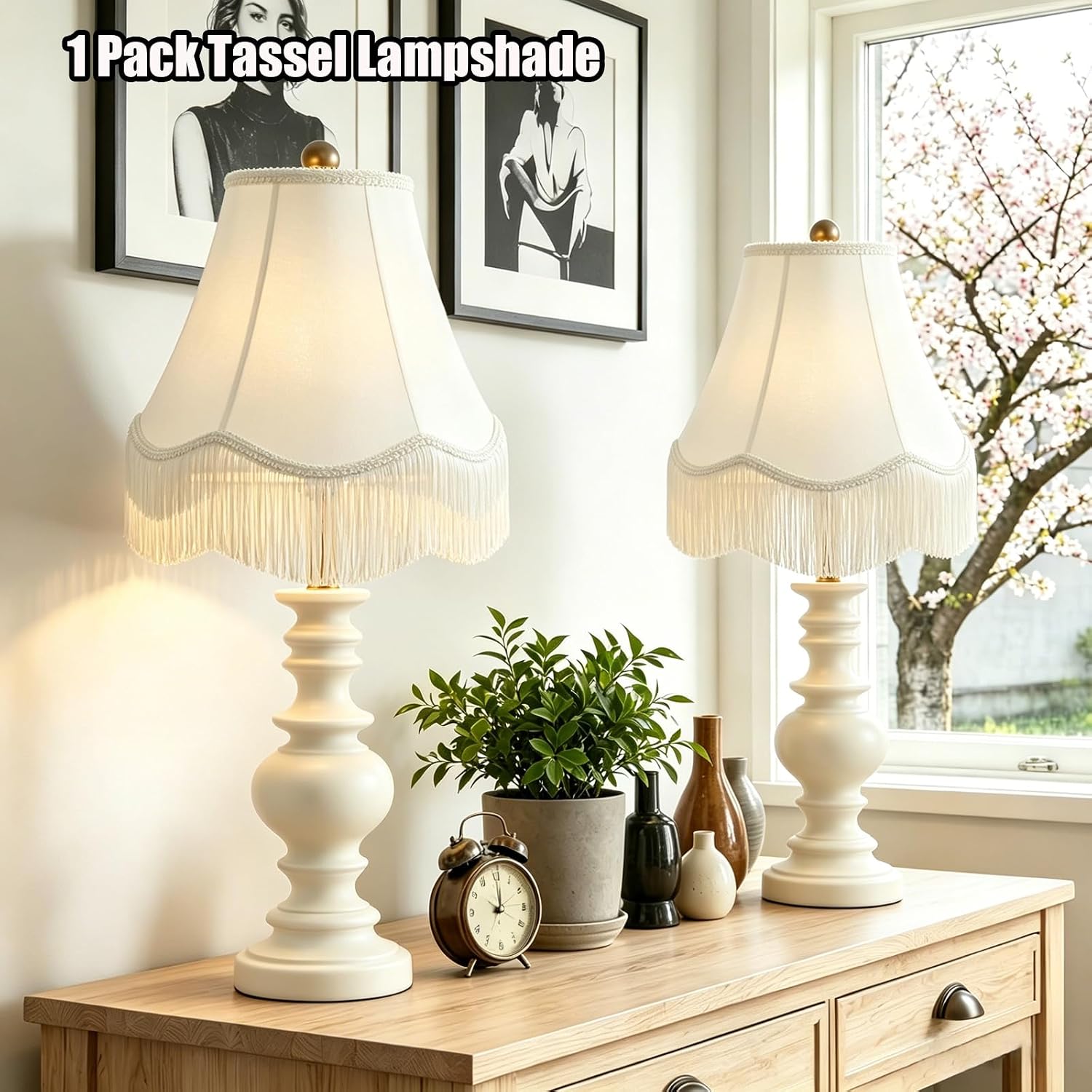 Fringe Lamp Shade 6" Top x 13" Bottom x 9.6" High (Spider) Tassel Lampshade Vintage Funky Unique Scalloped Bell Lamp Shades Victorian Lamp Shades For Table Lamps Floor Lamp,Easy Assembly 1 Pack（Beige）