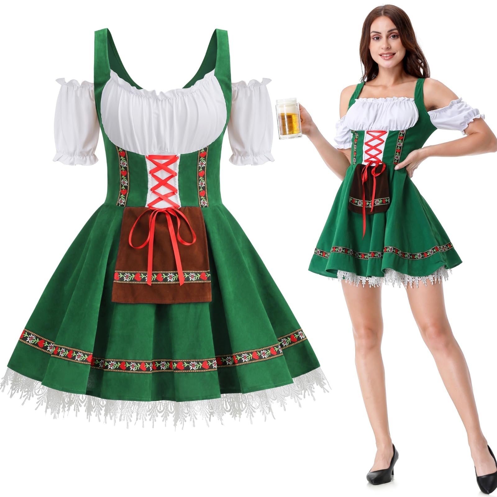maxToonrain Disfraz de Oktoberfest para mujer, vestido tradicional de cerveza alemana, disfraz de Halloween de manga corta abombada para mujer