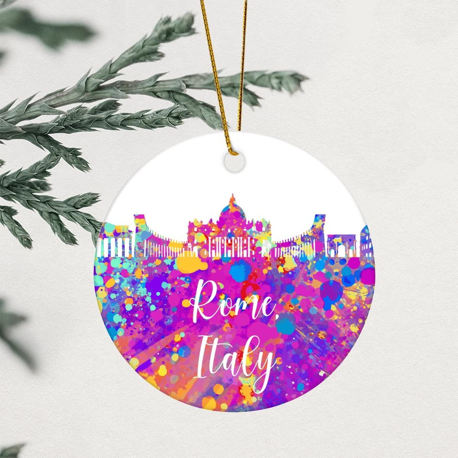 Gold Rome Skyline Italy Christmas Round Ornament Watercolour Cityscape Ceramic Ornament Winter Christmas 3.2 Inch With String Christmas Decoration For Couple Gift Housewarming Gift