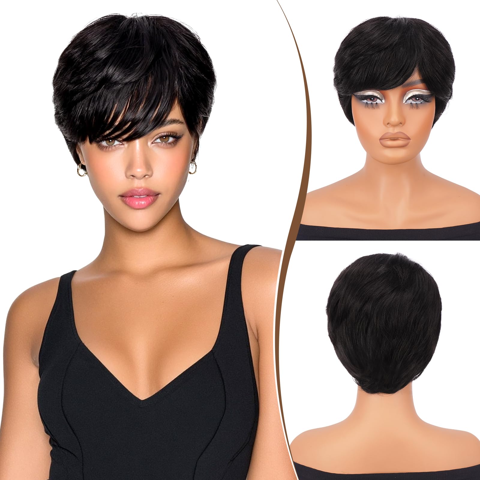 RUWISS Pixie Cut Human Hair Wig for Black Women with Bangs Natural Look Hair Wig Short Natural Layered Wavy Wig Glueless Pixie Wig (1B#)