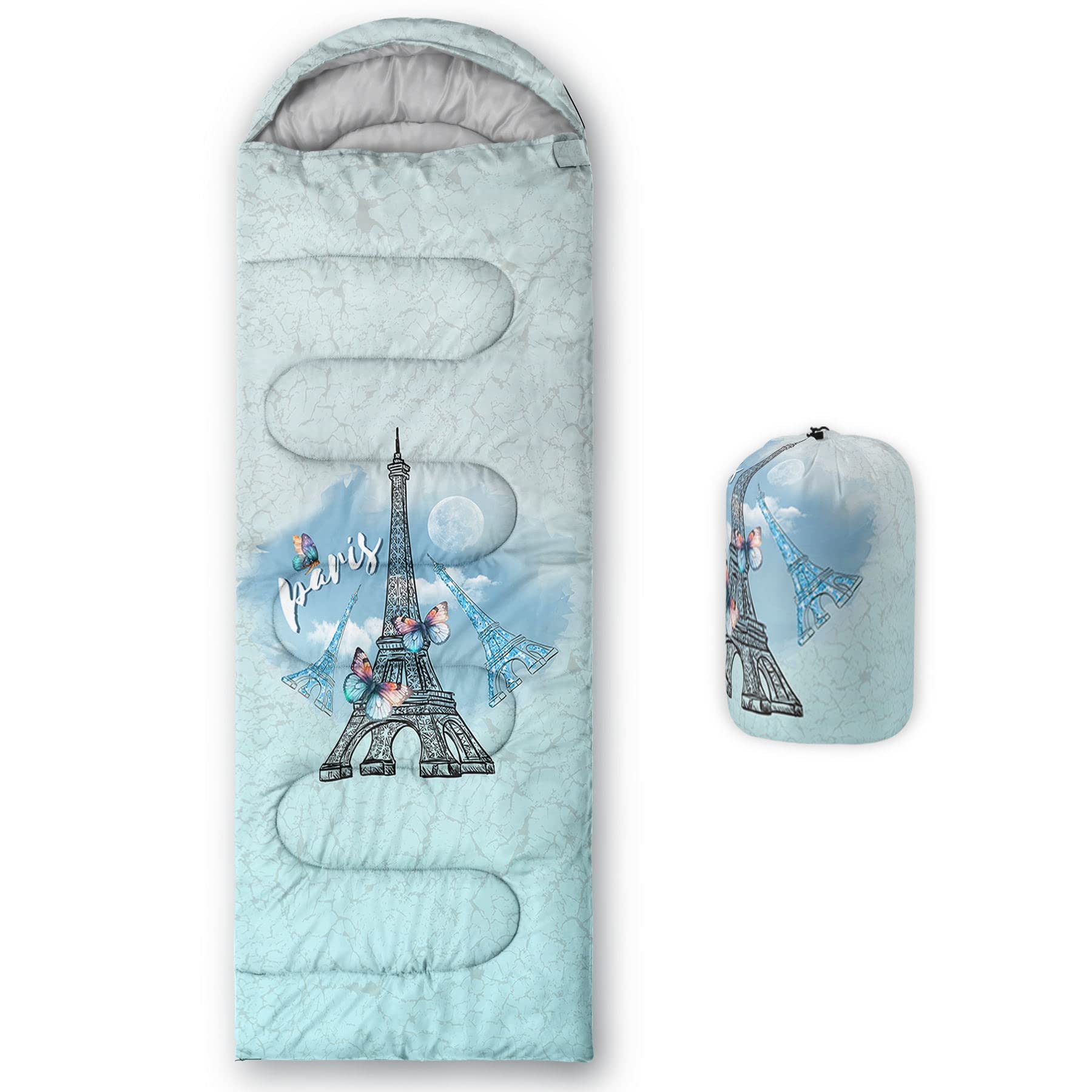 HOSIMA Sleeping Bags for Boys Girls Kids,Eiffel Tower Printed Lightweight Warm Portable Outdoor Indoor-Waterproof Cold Weather Resistant Sleeping Bag for Camping Hiking(Eiffel Tower) โ image 1