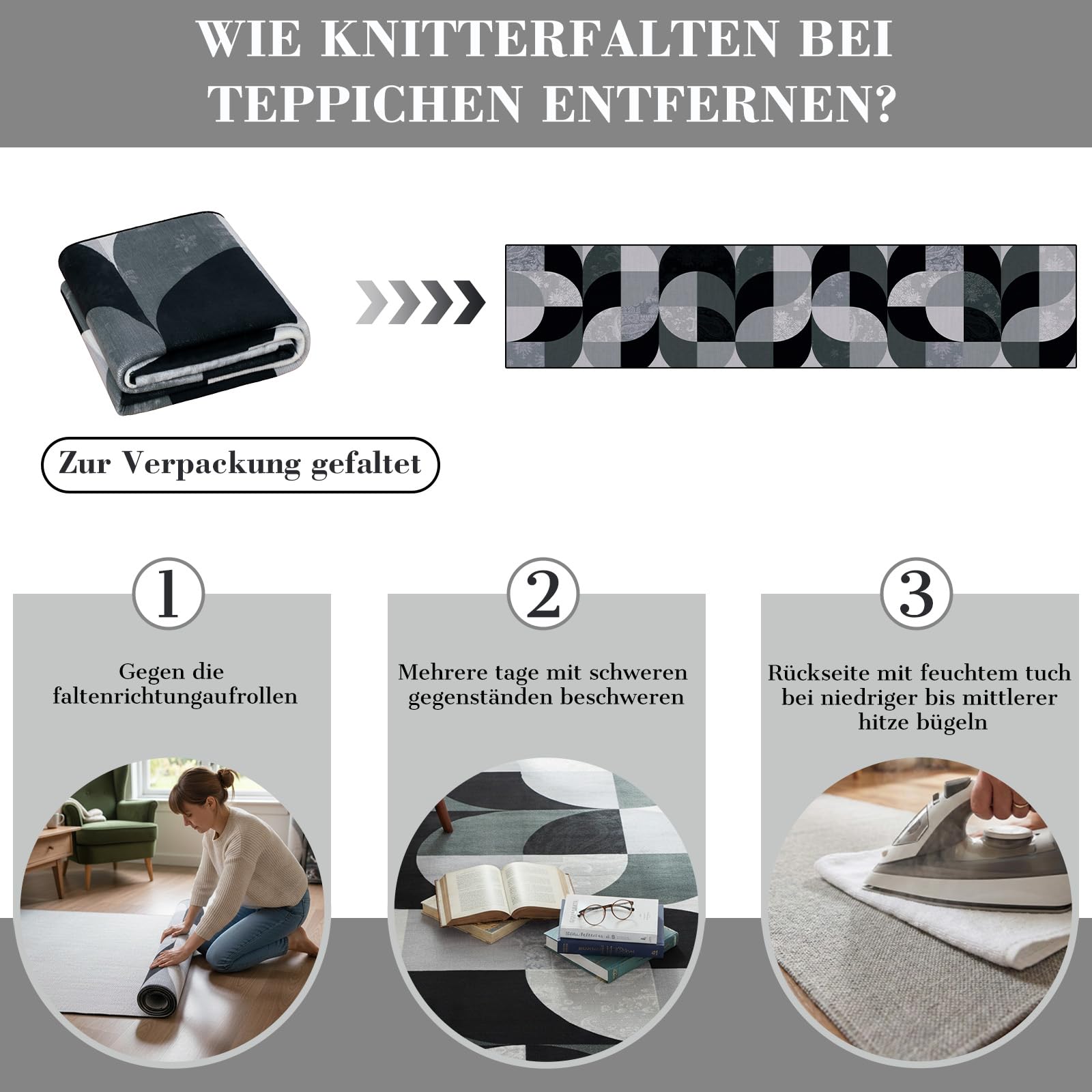 Boho Teppich Läufer Flur 80x300 cm, Schwarz Waschbar Küchenteppich, Geometrischer rutschfester Flurläufer Lang, Weicher Kurzflor Küchenläufer für Eingänge Schlafzimmer Wohnzimmer Korridor Küche
