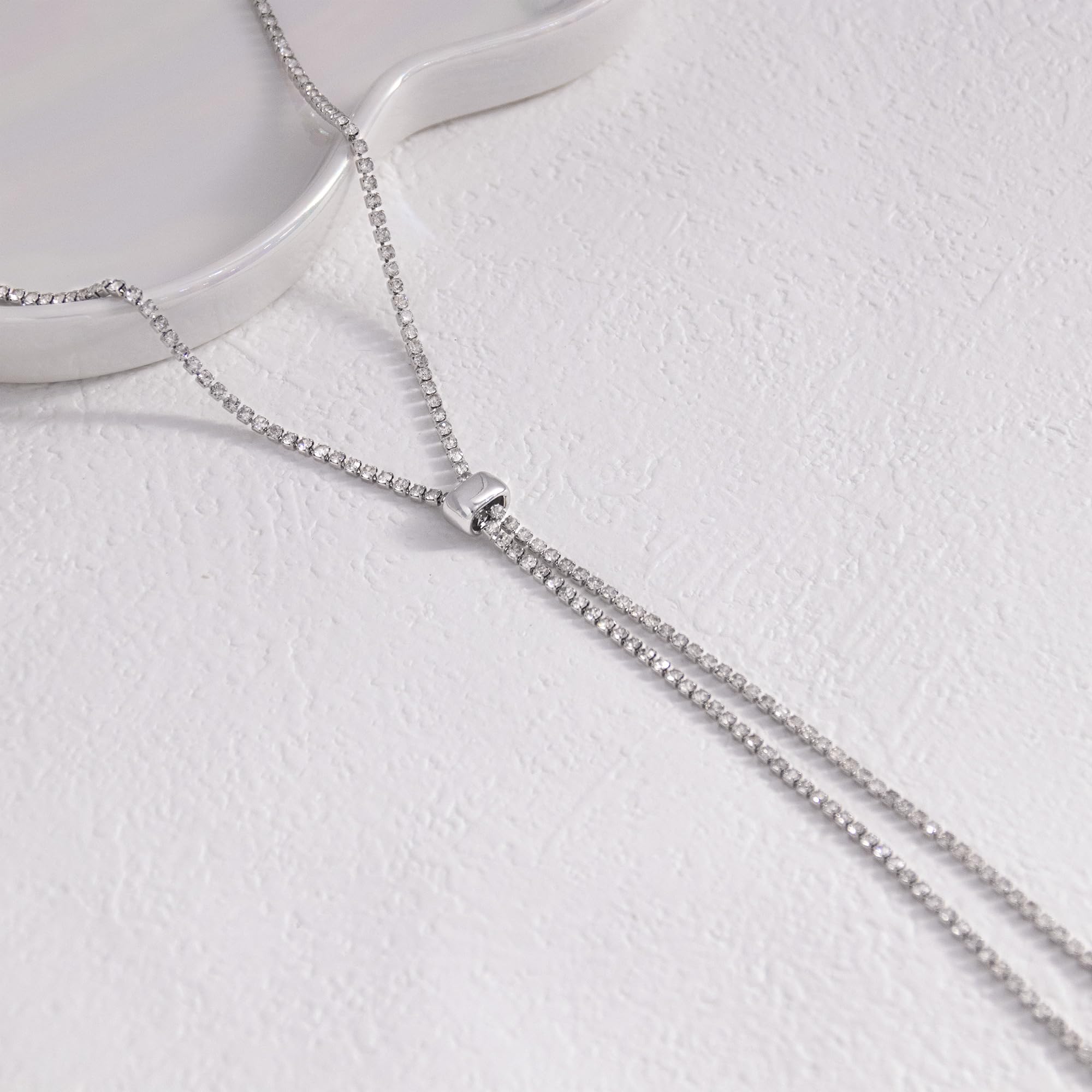 Collar largo de circonita cúbica, barra de diamantes de imitación Y Lariat, tono plateado, para cumpleaños de mujer (collar Y de diamantes de imitación plateados), Cristal 5