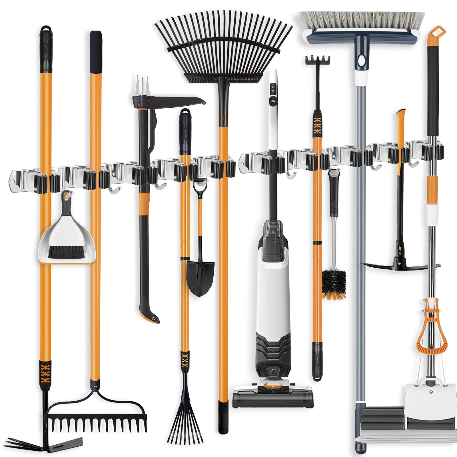ibell 2 Stück Besenhalterung Wand, 10 Halter + 8 Haken Gerätehalter Edelstahl Selbstklebend, Gartengerätehalter Wandhaken mit Schrauben, Wandhalterung Werkzeughalter für Badezimmer Garten Garage