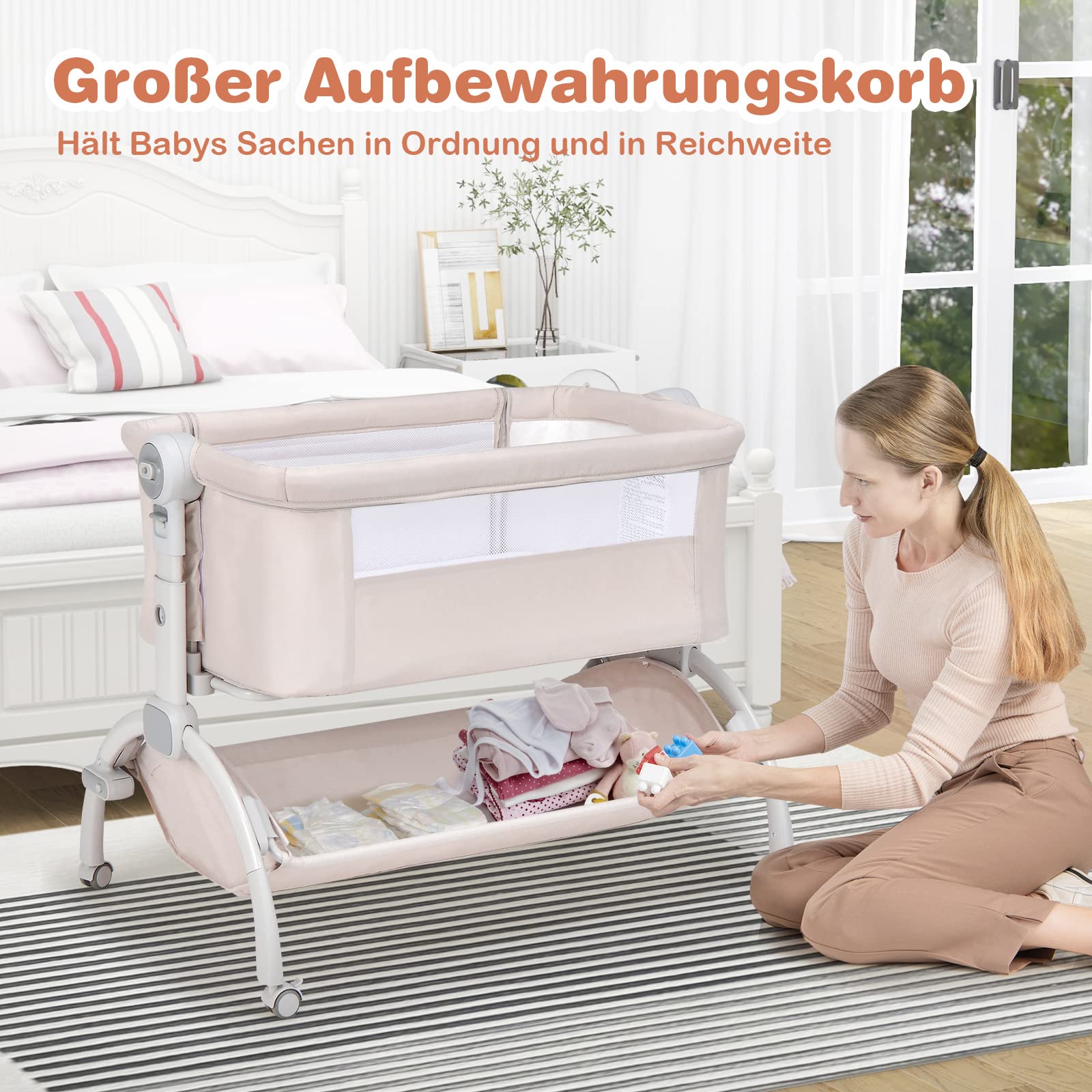 GOPLUS Baby Beistellbett, 3-in-1-Babywiege mit Matratze & Tragetasche & Aufbewahrungskorb, 7-Fach höhenverstellbares Babybett, neigbarer Stubenwagen für Neugeborene bis 9 kg Belastbar (Beige)