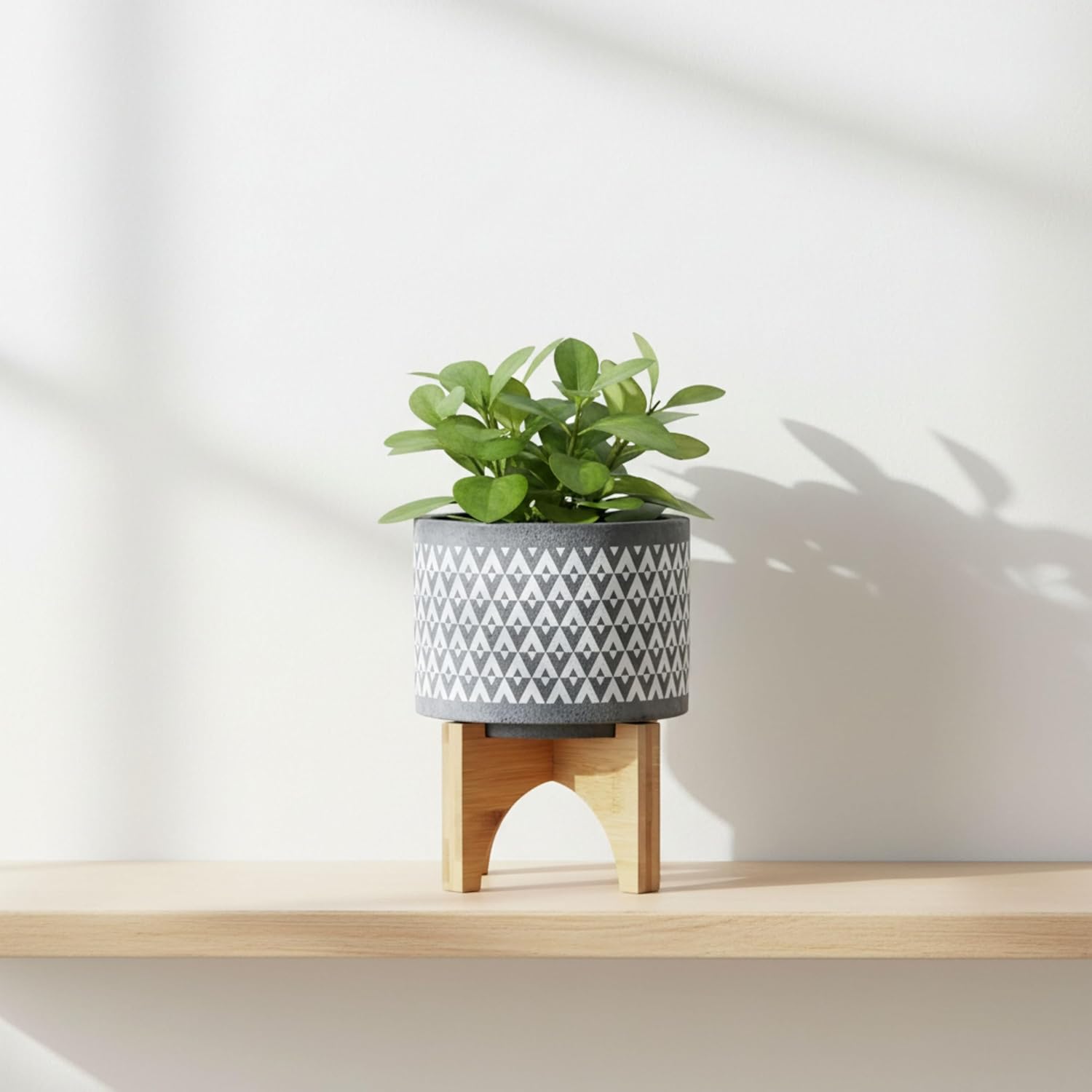 Aztec Decorative Planter Pot on Wooden Stand – Ceramic Stoneware Outdoor & Indoor Plant Pot with Gray Geometric Pattern – Modern Garden & Home Decor Ceramic Planters – 6", Gray