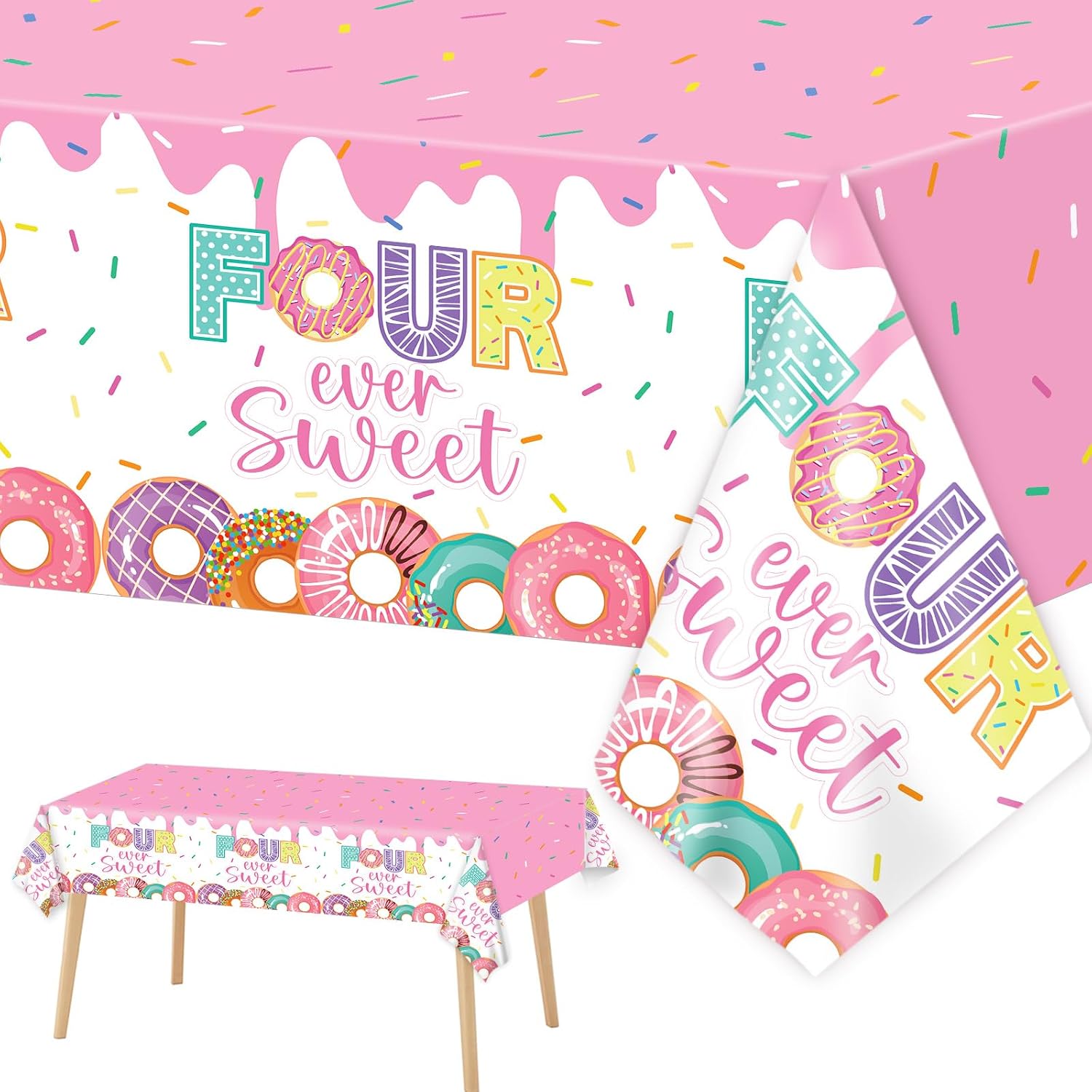 ZOIIWA 3 Pack Four Sweet Donut Birthday Party Tablecloths Decorations Girls Donut Themed Plastic Table Covers for Baby Girl 4th Birthday Supplies Pink Party Favors Table Decor 108 x 54 in