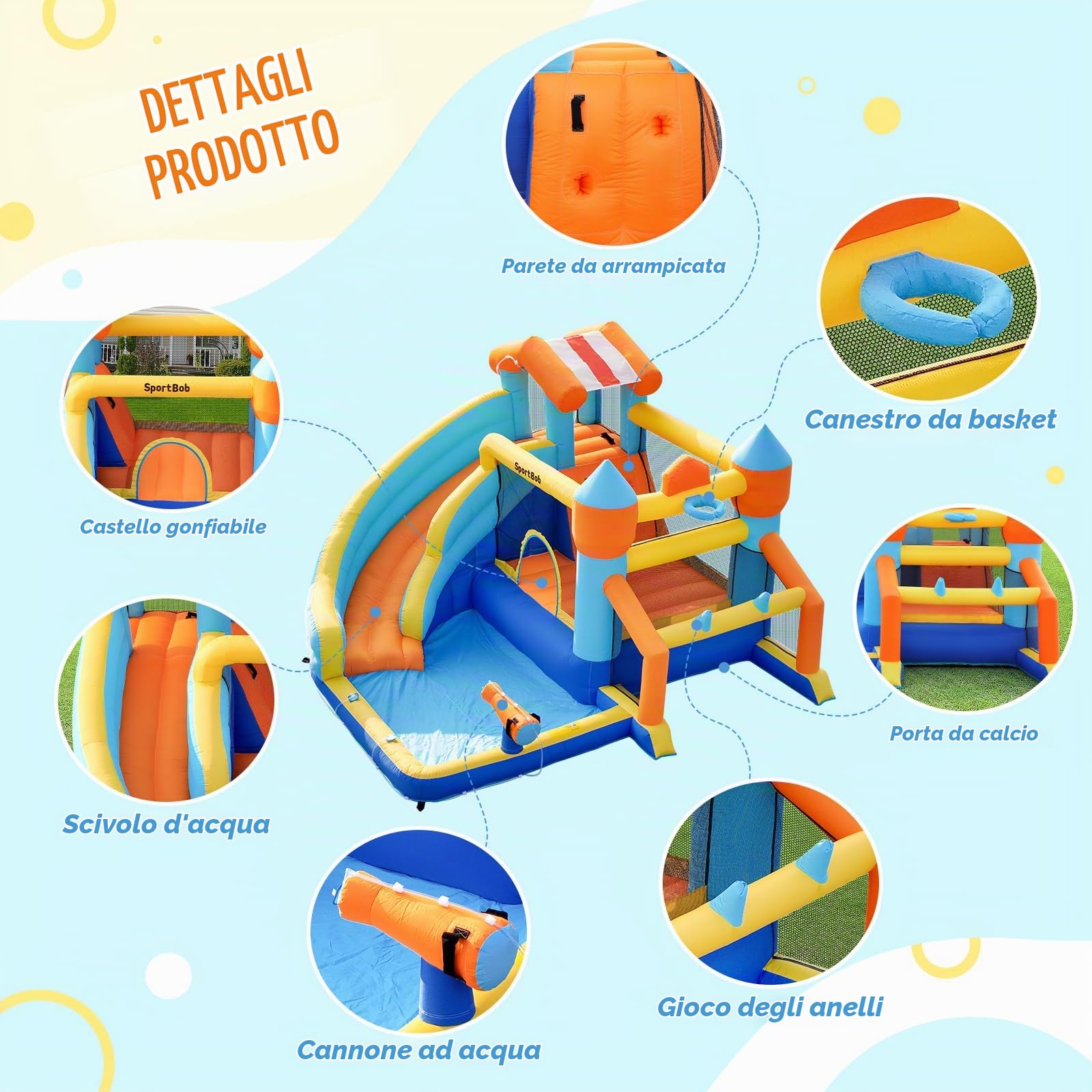 Gonfiabile per Bambini da Esterno e Interno, Castello Gonfiabile per Bambini con Scivolo Gonfiabile, Porta da Calcio, Cannone Acqua, Canestro Basket, Gioco degli Anelli per Giardino
