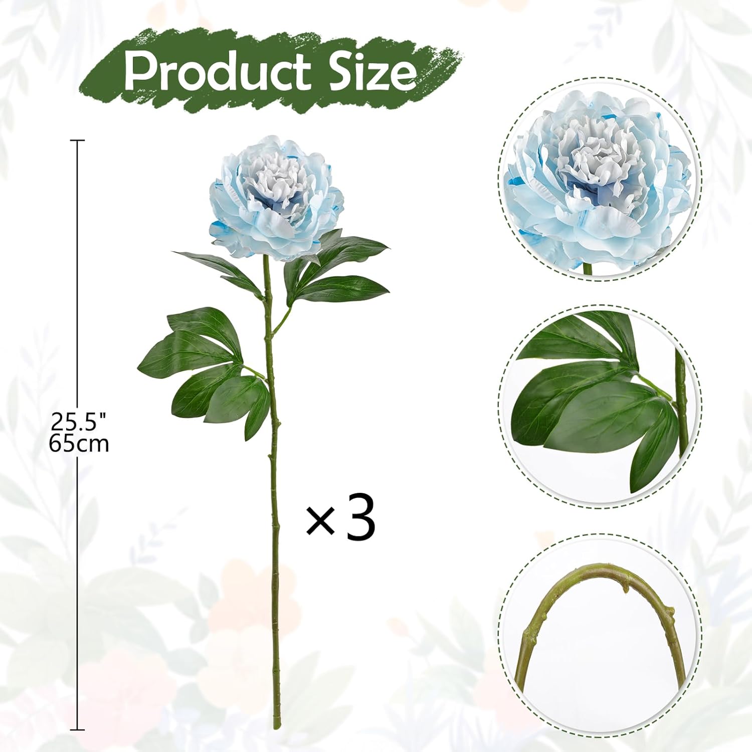 Briful 3PCS Faux Peony Flower Stems, 25.5" Artificial Peony Flowers Realistic Fake Flowers for Vase Arrangements Wedding Centerpieces Decoration(White Blue) - Image 2
