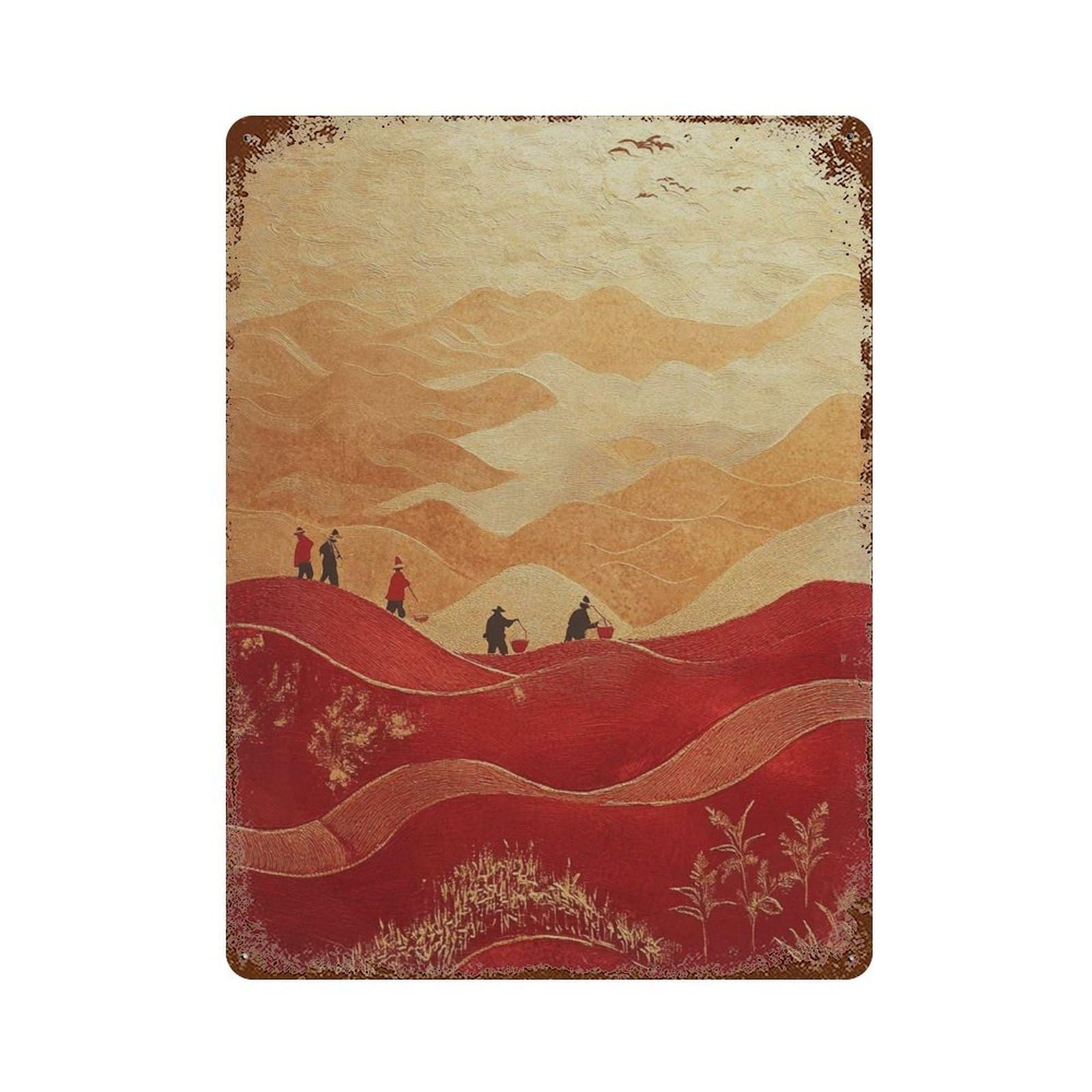 xiaoxiaoshen Red Mountain Journey Asian Landscape Gold And Traditional Hiking Scene Eastern A Wall Decor Art Metal Tin Poster Modern Home Decor Art Home Bar Shop Decorations Vintage Sign 40x30cm