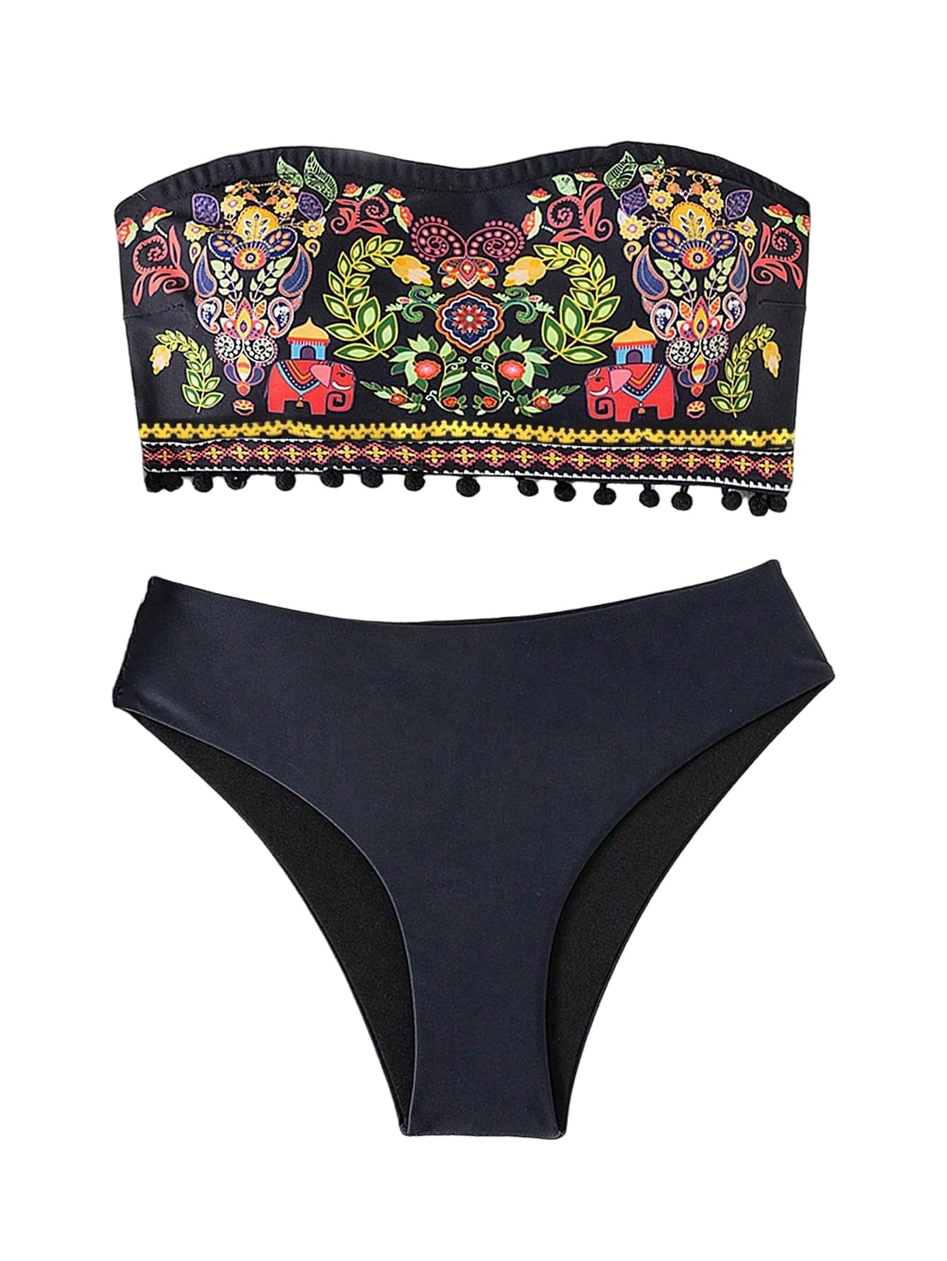 Women's Bandeau Bikini Set Floral Strapless Swimsuits Boho Two Piece Bathing Suit Swimwear