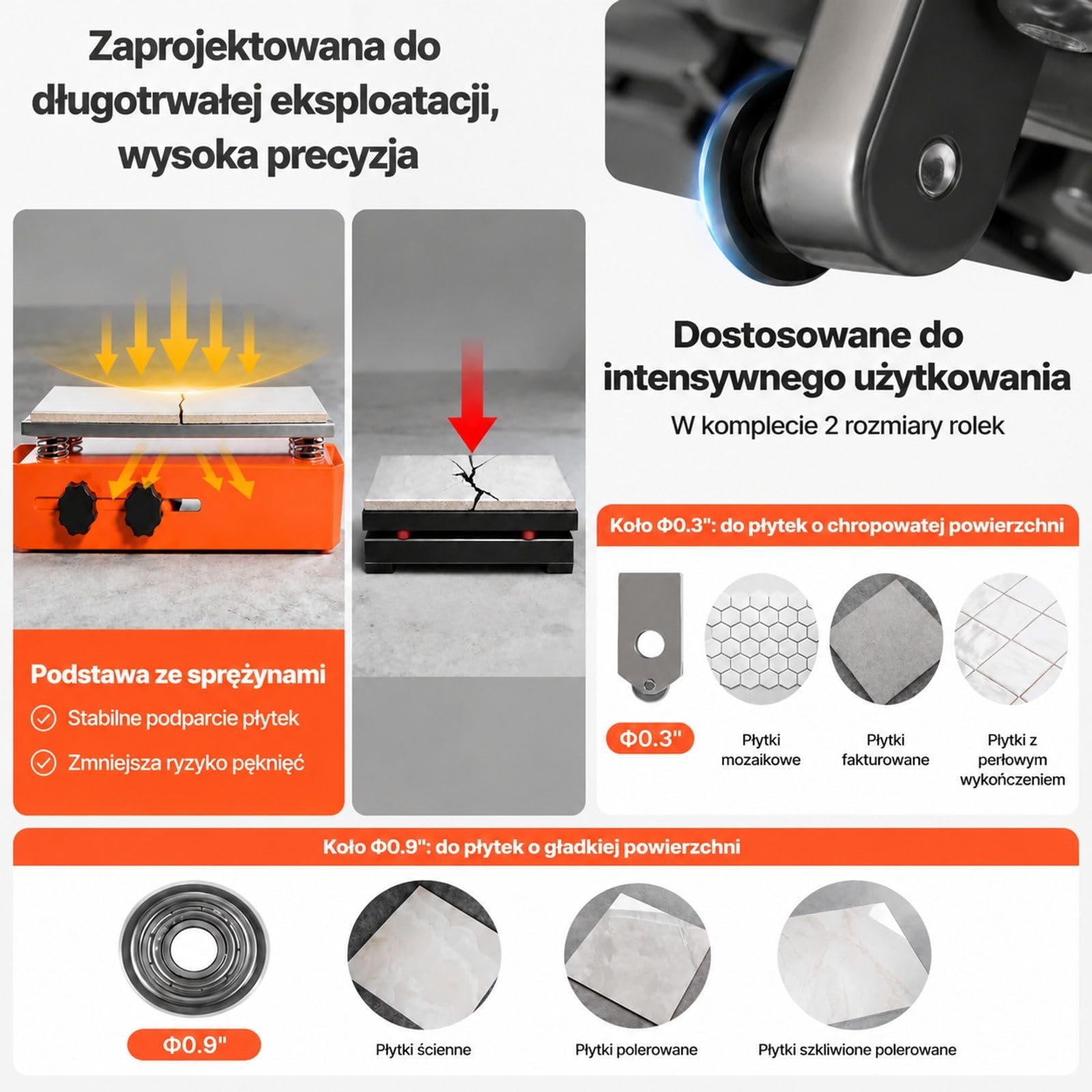 Przecinarka do płytek ze sprężynową podstawą, regulowanym ogranicznikiem kąta, kołem z węglika wolframu, stalowym korpusem, pomarańczowa