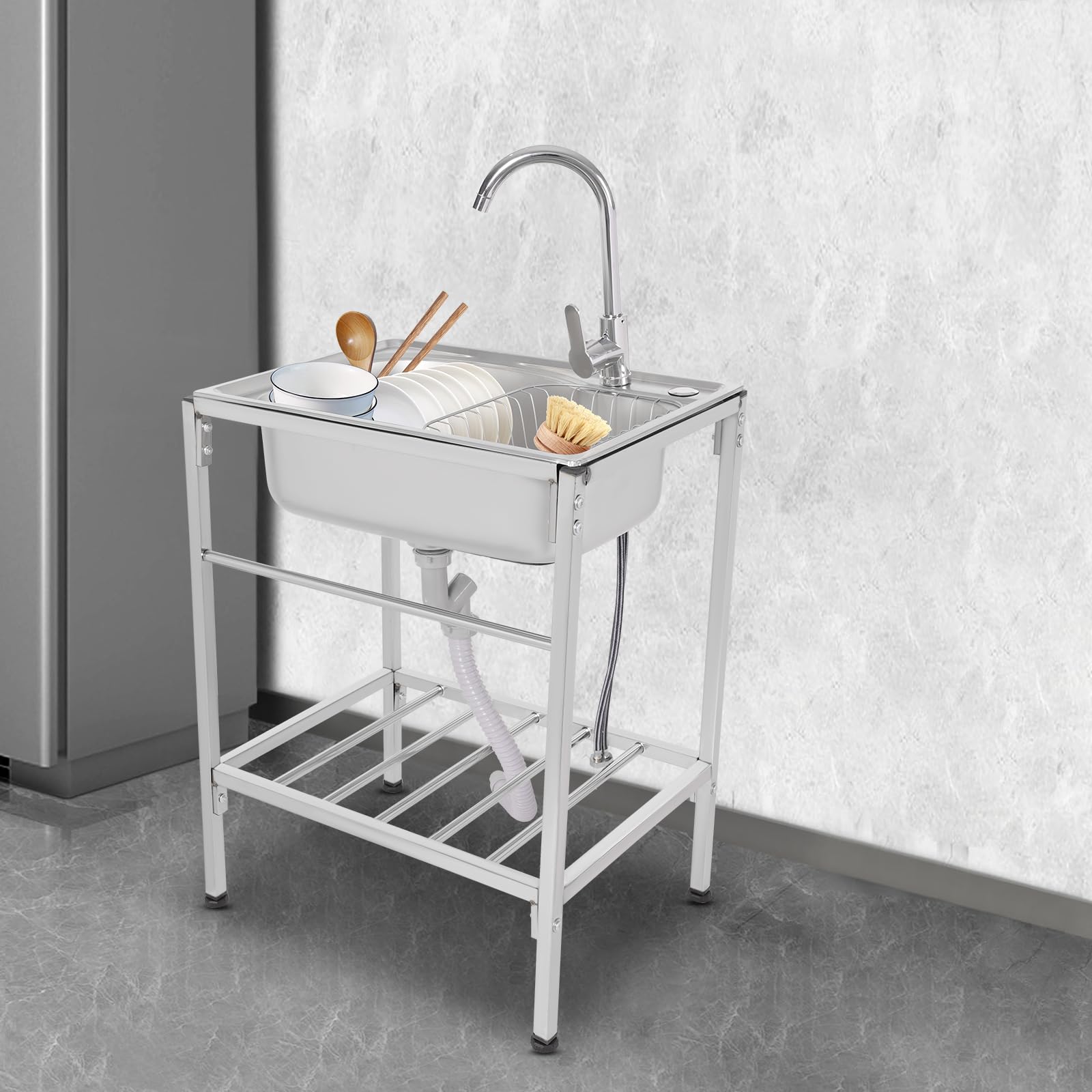 Lavabo móvil de acero inoxidable con armario inferior, lavabo de camping con grifo caliente y frío, fregadero para exteriores, para taller, jardín, garaje