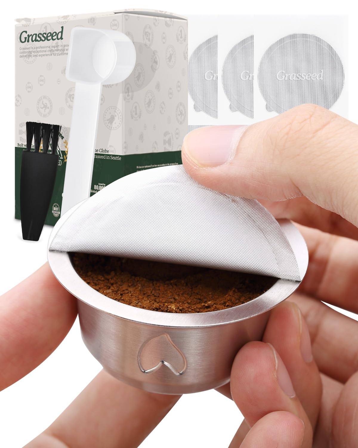 Grasseed Cápsula Vertuo recargable, kit de cápsulas Vertuo de acero inoxidable reutilizable con 100 tapas de aluminio, cuchara, cepillo, preparación de 7.8 onzas, compatible con máquina Vertuoline