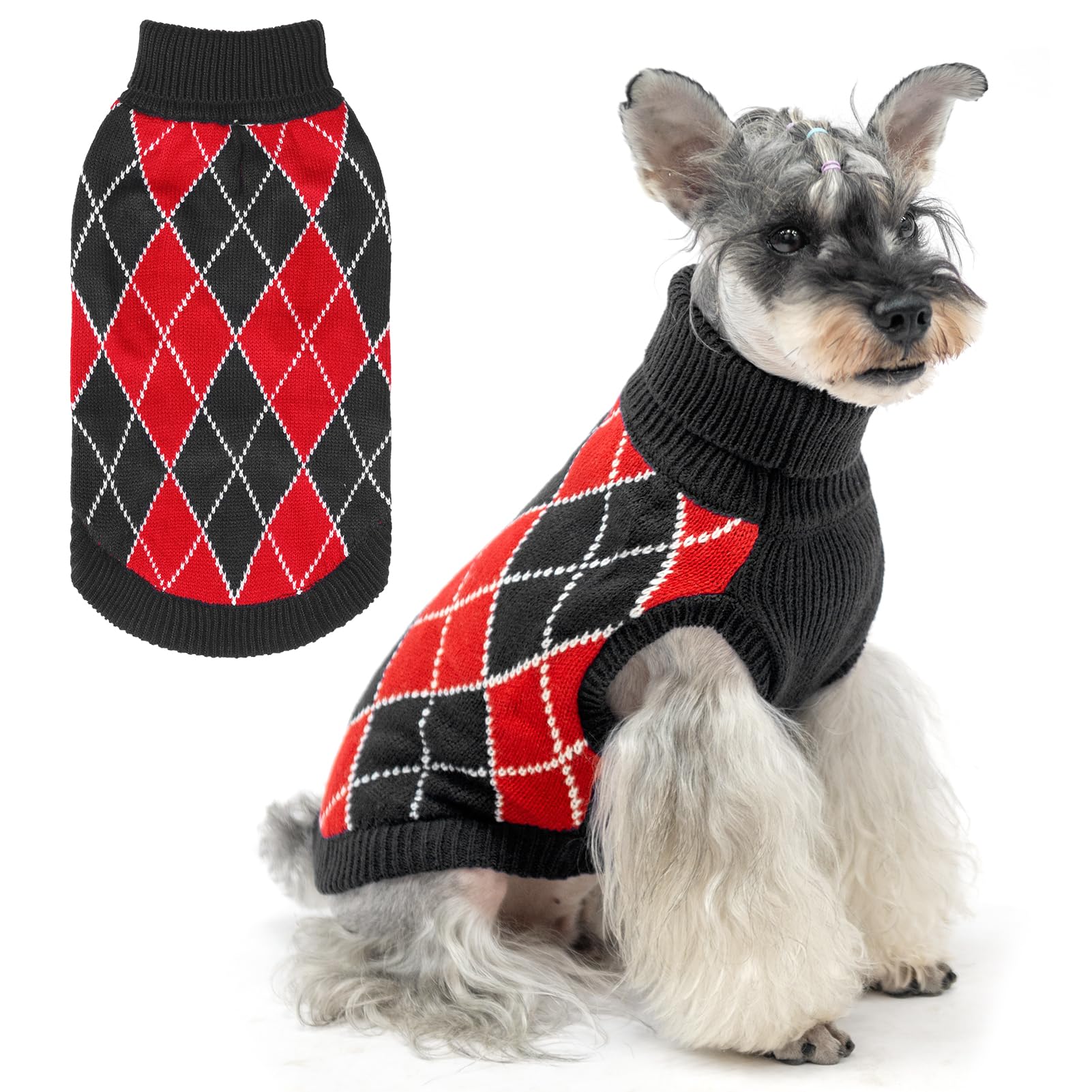 KOOLTAIL Dog Sweater, Knit Turtleneck Cold Weather Dog Sweaters for Small Medium Large Dogs, Soft Diamond Plaid Pullover Knitwear Pet Winter Warm Clothes, Pet Coat Puppy Sweater for Girls Boys S
