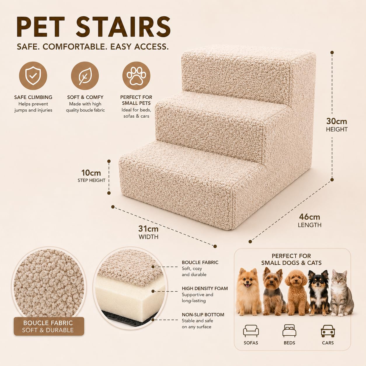 Muralo Escalier pour Chien 3 Marches 30 cm - Marchepied Antidérapant pour Petits Chiens et Chats, Jusqu’à 17 kg, Housse Bouclé Déhoussable et Lavable - Accès Facile au Canapé et au Lit (Beige)