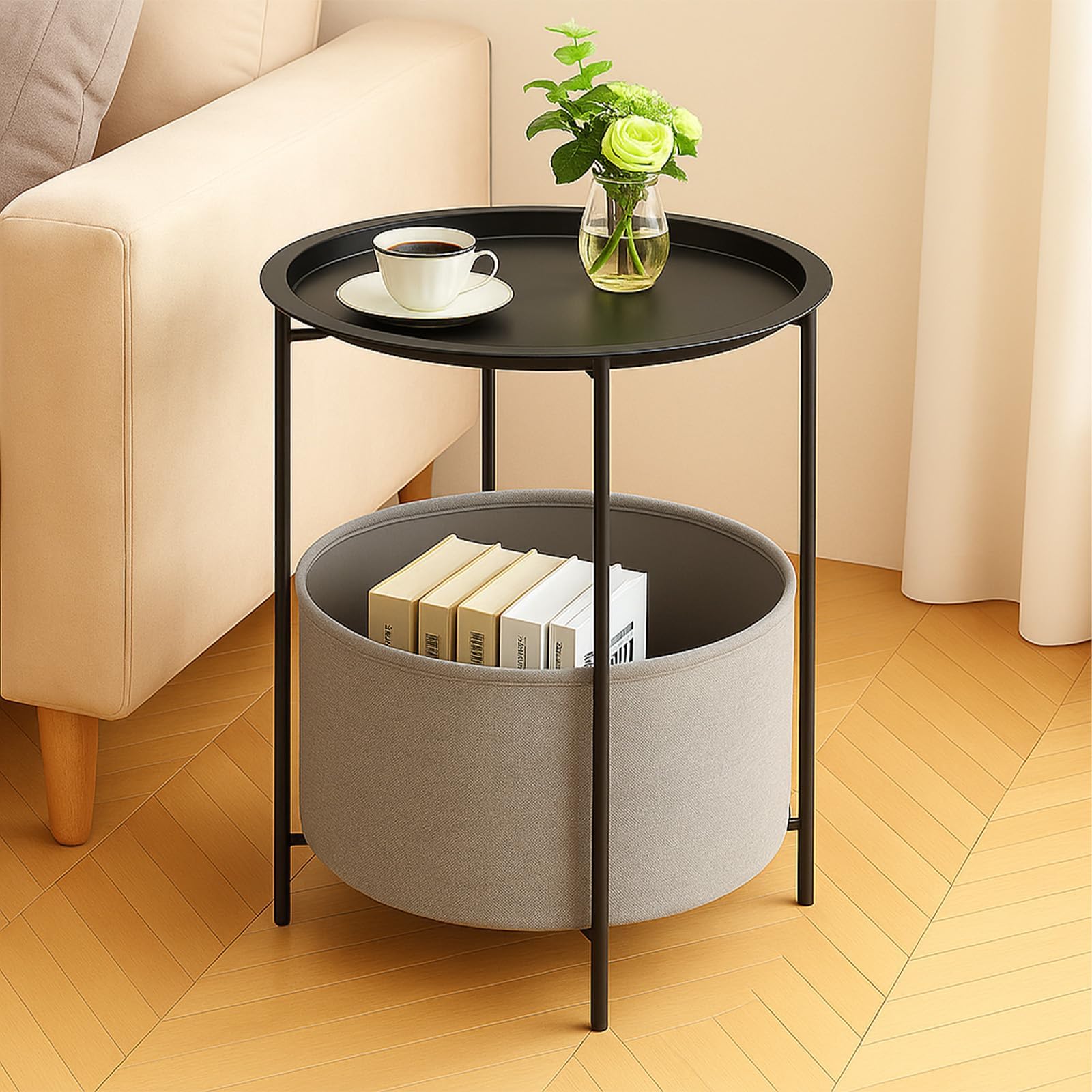 Rinkgarden Round Side Table with Fabric Basket, Modern and Sturdy, Metal End Table for Living Room, Bedroom, Bedside Table, Nursery, Laundry or Balcony (Black+Grey)