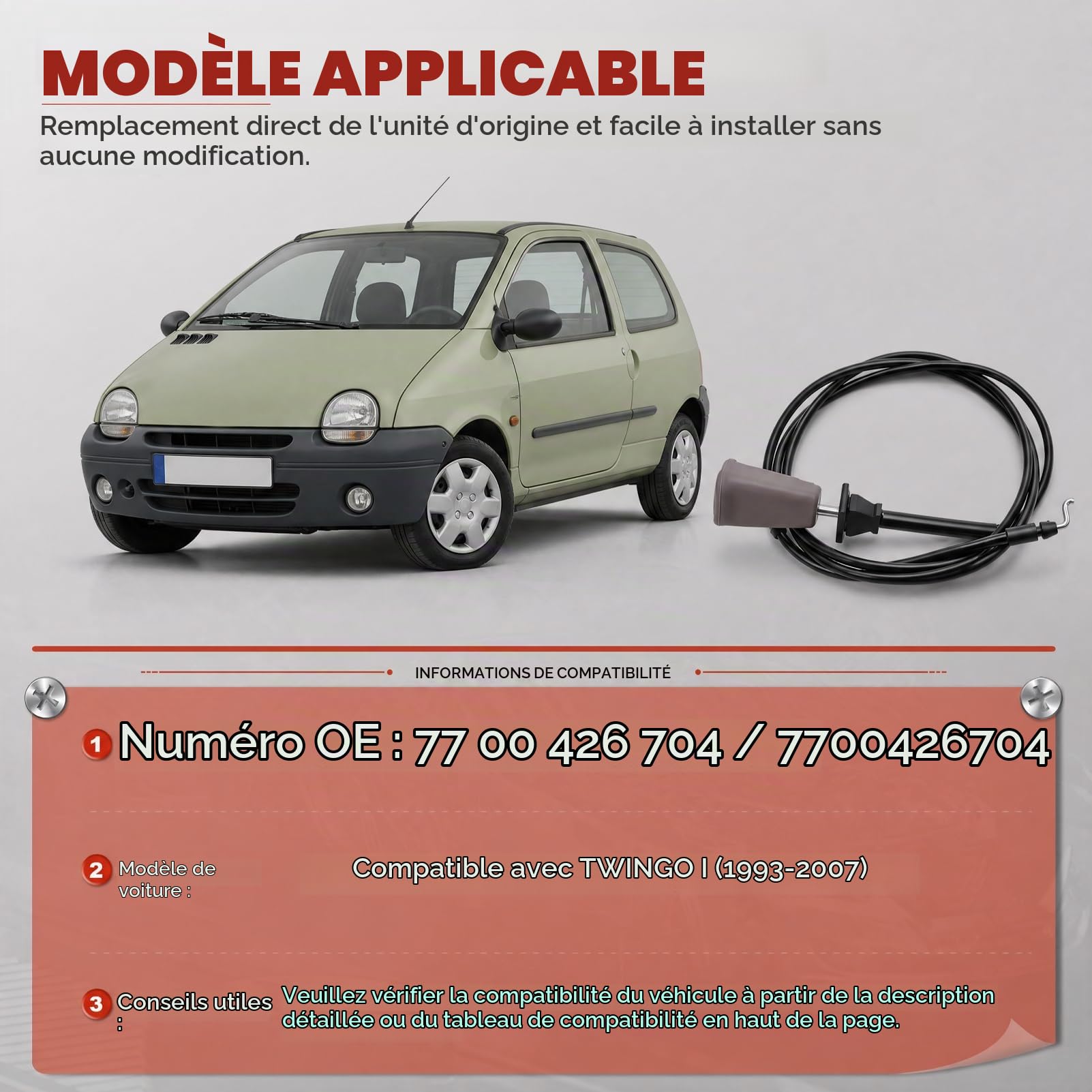 Câble d’Ouverture Capot for Twingo I 1993-2007 7700426704 Câble Déverrouillage Moteur en Acier Anti-Corrosion Réglage Blocage Traction Fluide Installation Facile