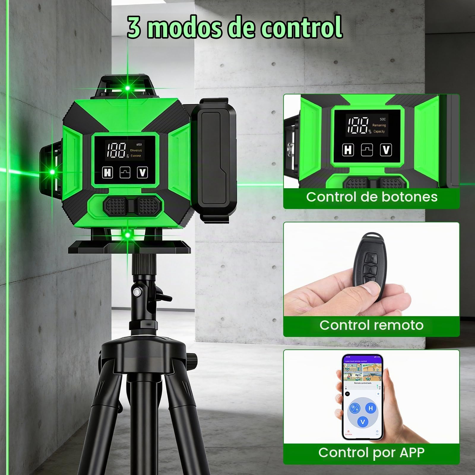 Nivel Láser Autonivelante 4x360°, Nivel Láser Verde 16 lineas con Tripode | 2x3600mAh Batería, Soporte de Pared Control Remoto, Grado IP54 Para Construcción, Alicatado