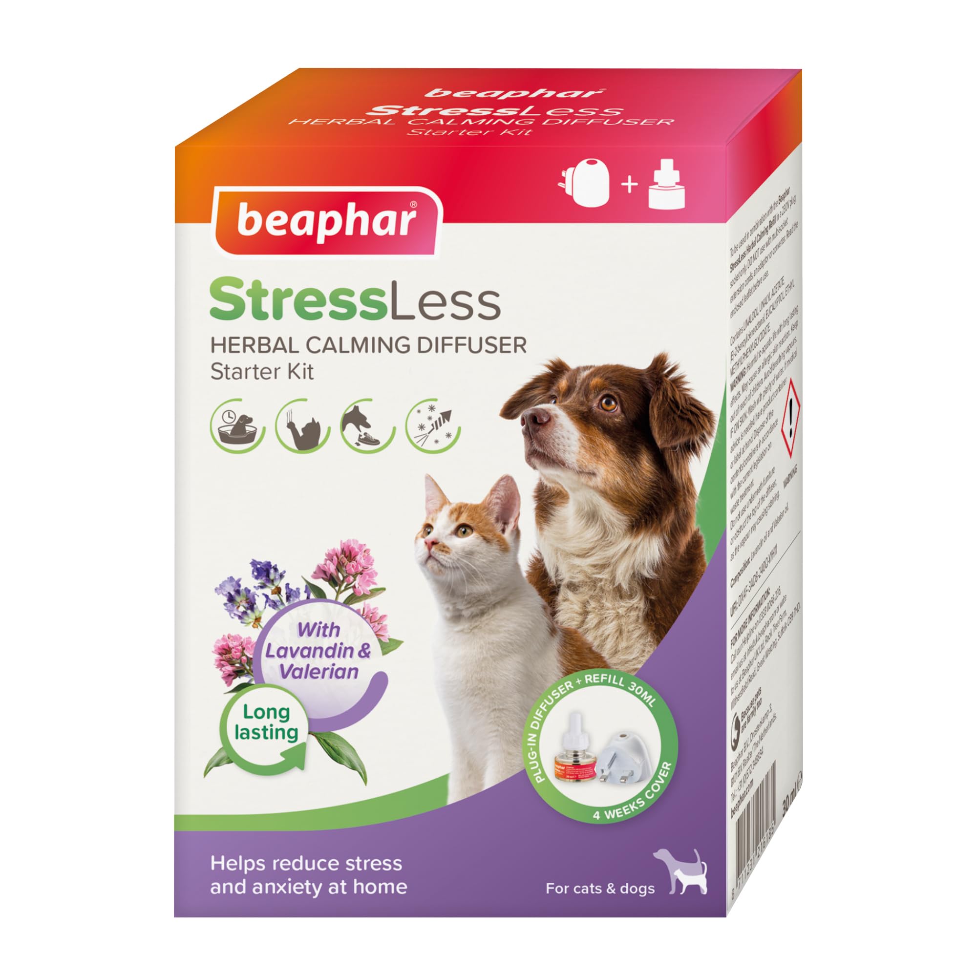 Beaphar – StressLess Herbal Calming Plug-In Diffuser Starter Kit – For Cats & Dogs - Reduces Stress & Anxiety at Home - With Valerian & Lavandin – 4 Weeks Calming –– 1x Plug-in & 1x 30ml Refill