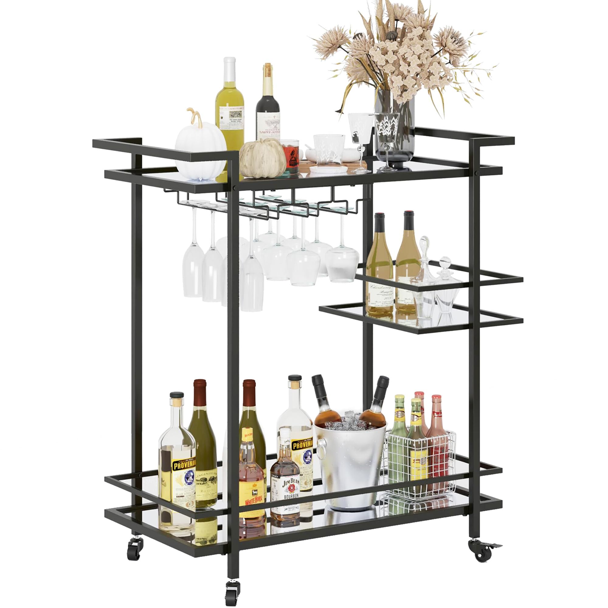 RiteSune Black Bar Carts for The Home, Wine Cart with Wheels, 3 Tier Home Serving Bar Cart Drink Cart with Glass Shelves for Living Room, Party (28.5"