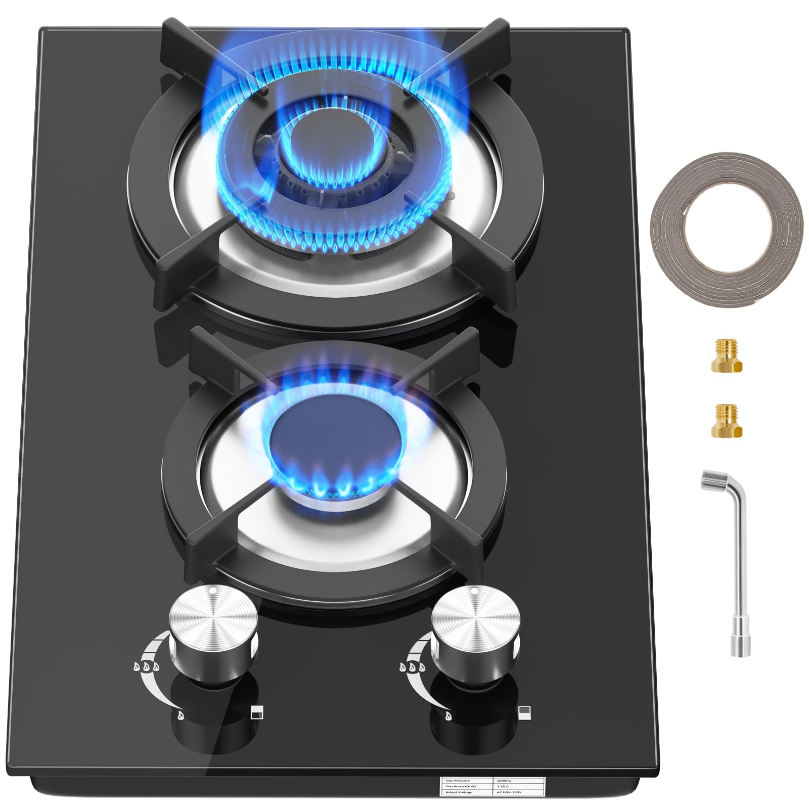 Gas Hob 2 burners, Built in Black Glass Gas Hob with Flame Out Protection,with Cast Iron Supports,NG/LPG Convertible