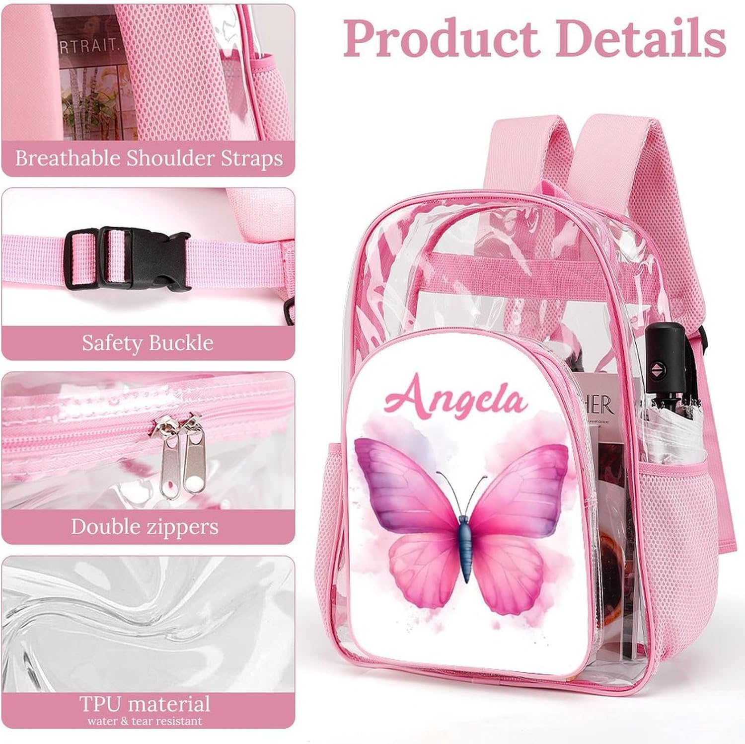Custom Name Watercolor Butterfly Clear Backpack, Personalized PVC See Through Transparent Bookbag for Girls, Waterproof Daypack for School, Concert, Travel