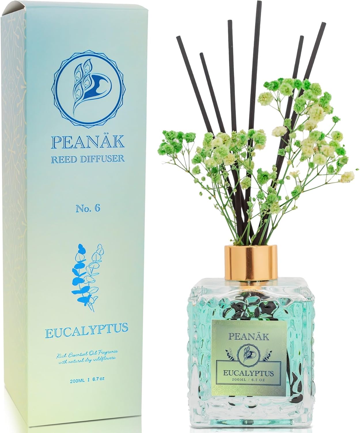 Reed Diffuser Set - Eucalyptus Mint Oil, Oil Diffuser Sticks, Bathroom Diffuser, Bathroom Decor, 200ml with Preserved Flowers - PEANÄK
