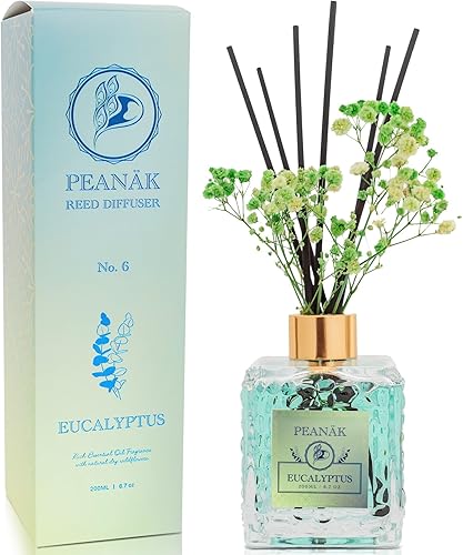 Juego de difusor de varillas - Aceite de menta de eucalipto, varillas difusoras de aceite, difusor de baño, decoración de baño, 6.8 fl oz con flores