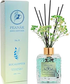 Reed Diffuser Set - Eucalyptus Mint Oil, Oil Diffuser Sticks, Bathroom Diffuser, Bathroom Decor, 200ml with Preserved Flowers - PEANÄK