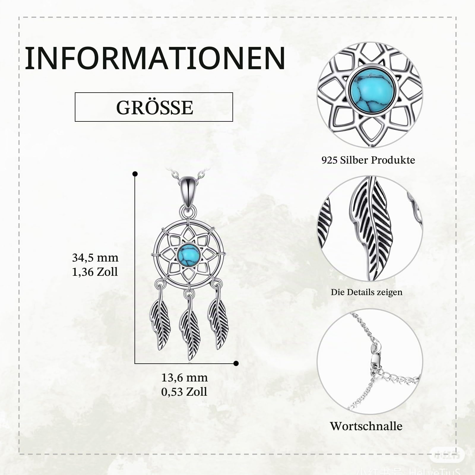 YFN Traumfänger-Halskette 925er-Sterlingsilber Traumfänger-Feder-Halskette Traumfänger-Türkis-Anhänger Traumfänger-Schmuck Geschenke für Frauen Teenager Mädchen