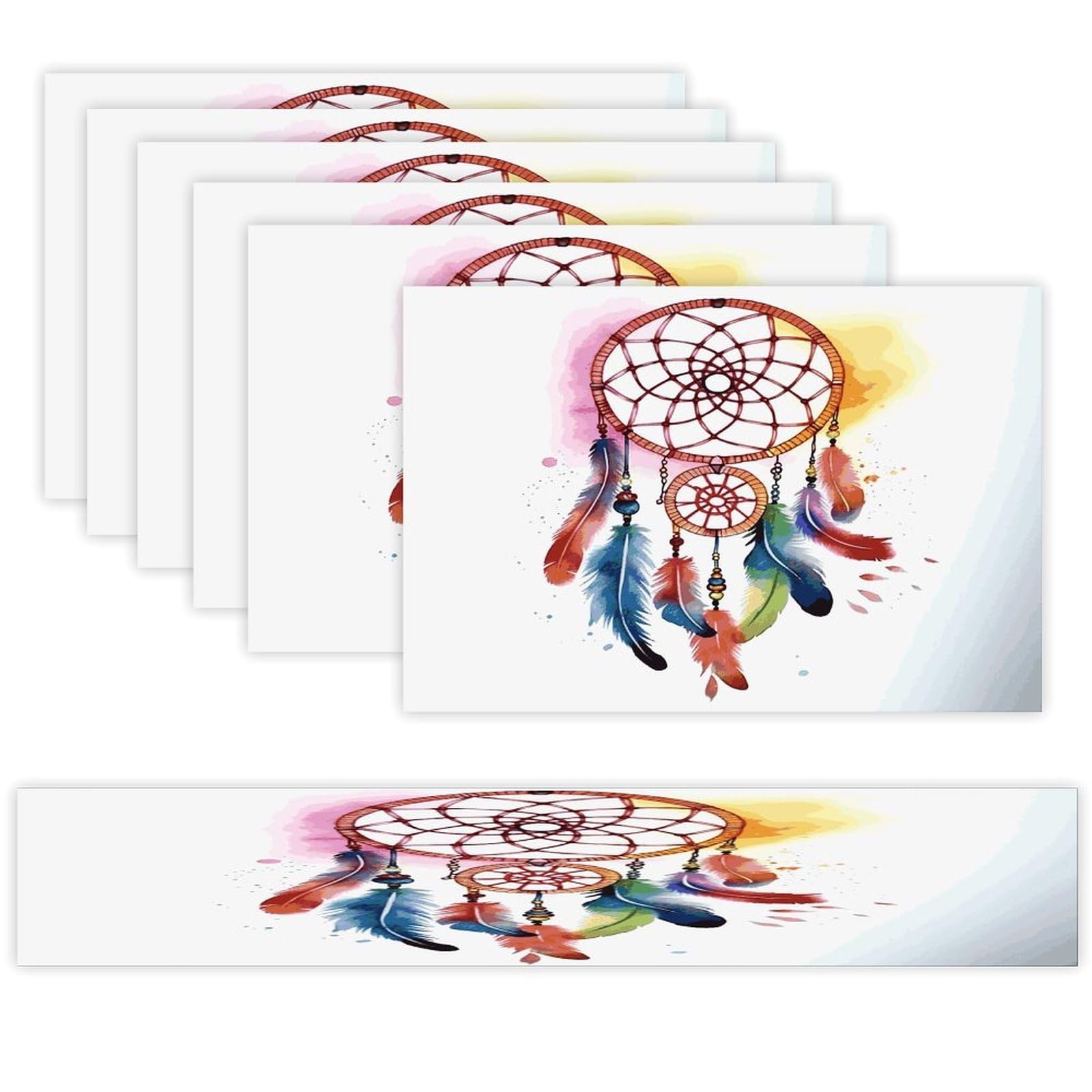 Watercolor Dream Catcher Table Runner and Placemats Set of 6 Wipe Clean Heat Resistant Table Mat with Table Runner Decorations Flax Linen Place Mat Set for Home Kitchen Party Supplies