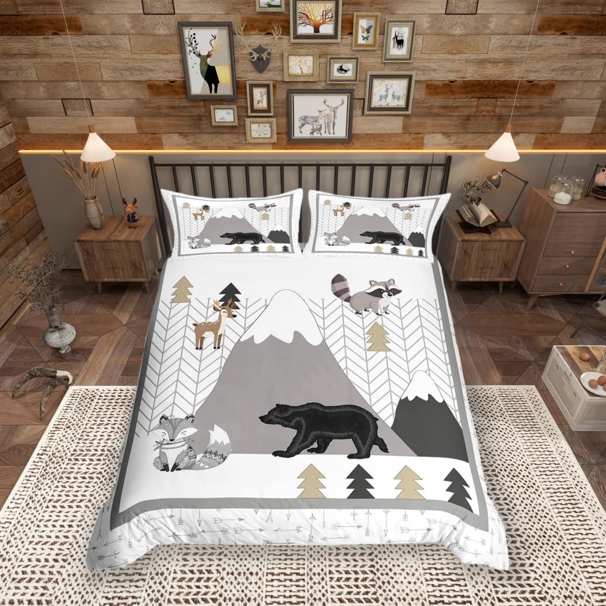 feelingyou Cute Animals Super King Size Cartoon Fox Bear Bedding Set for Kids Girls Women Adults Mountains and Trees Duvet Cover Set Kids Cartoon Quilted Cover Set Bedroom Collection 3Pcs