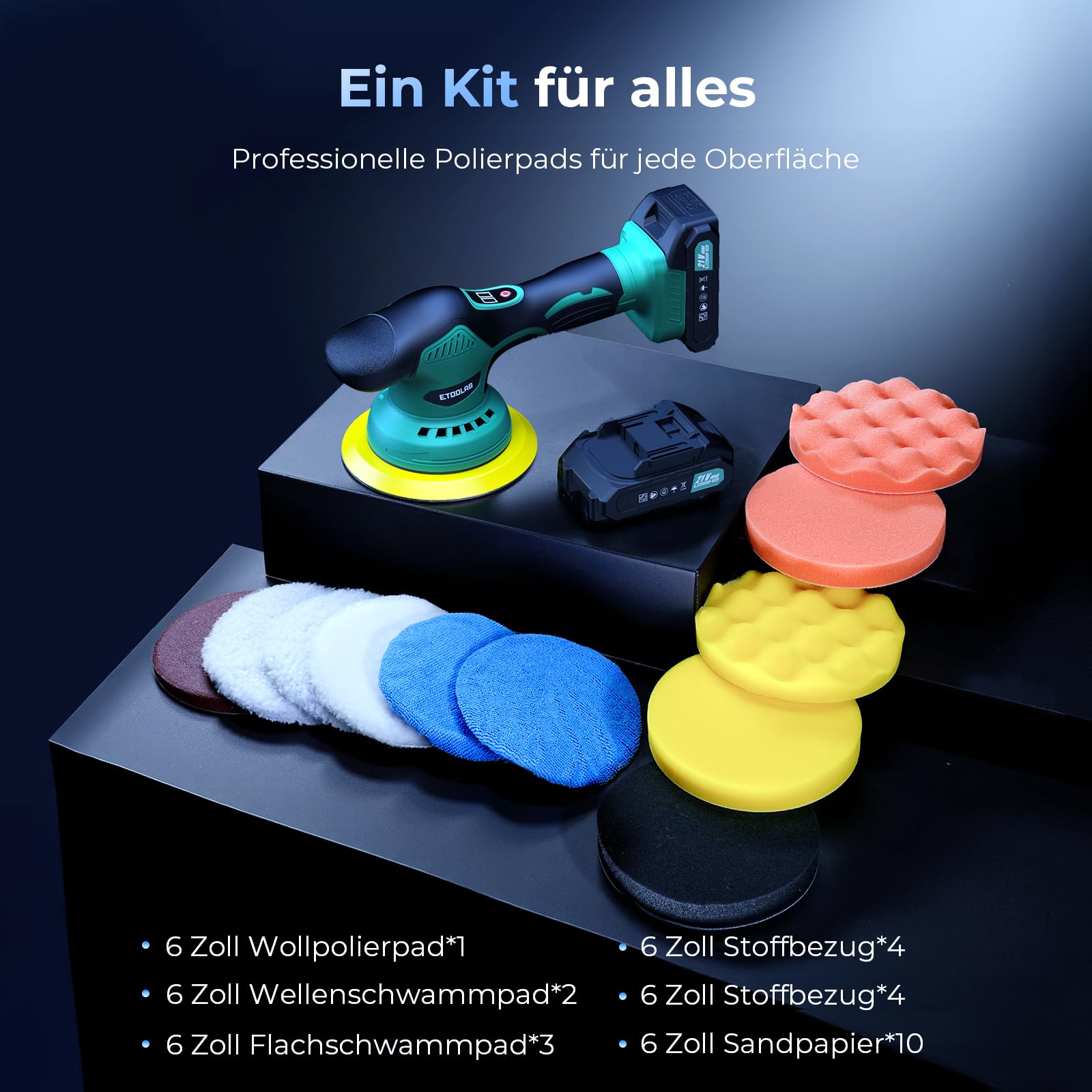 ETOOLAB Poliermaschine Auto Akku, Poliermaschine Auto Set 22 pcs, Exzenter poliermaschinen mit 2 * 2.0Ah 21V Batterie, 8 variable Geschwindigkeit, für die Autodetailing, Scheinwerfer Aufbereitung Set