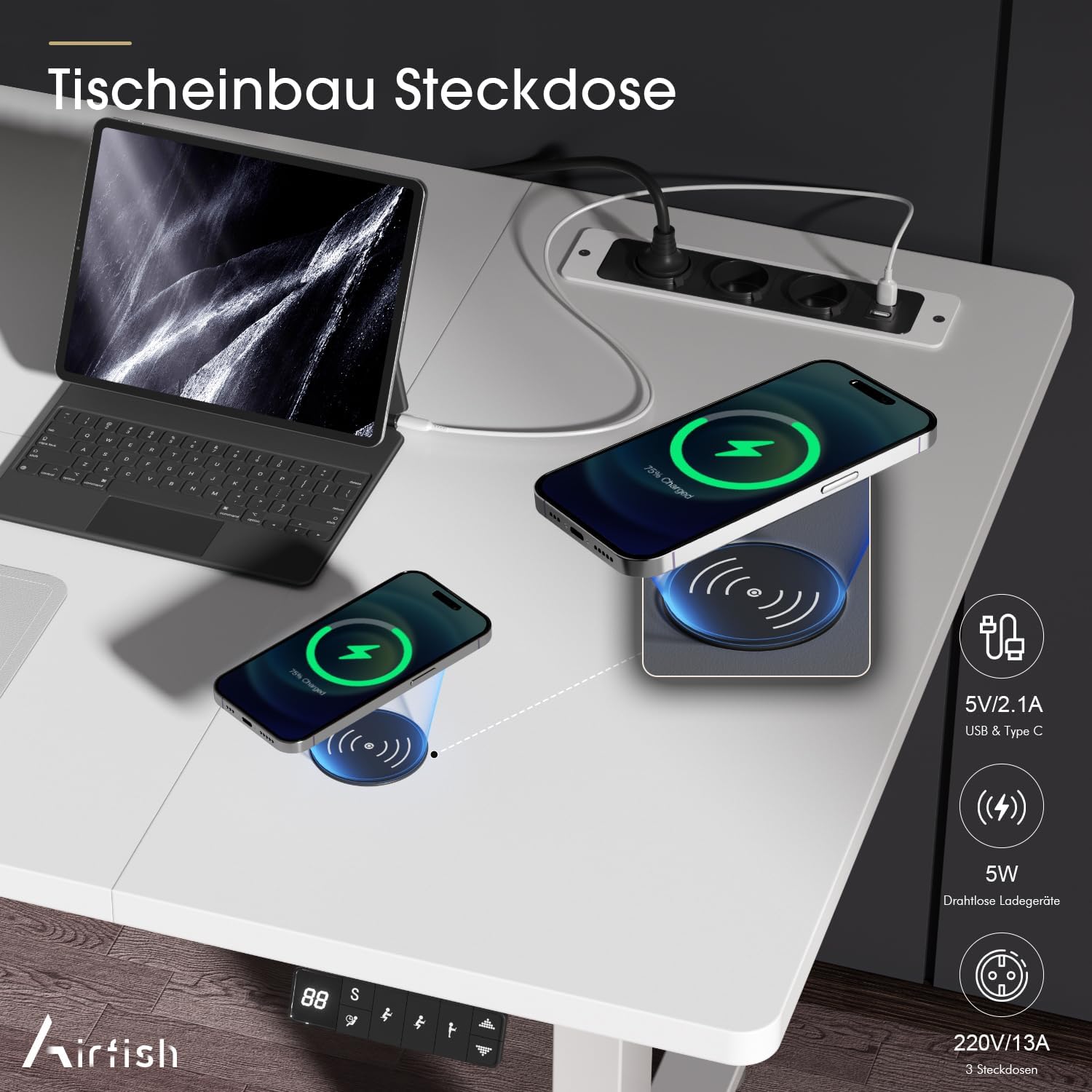 Airfish Höhenverstellbarer Schreibtisch 160x80cm mit Kabelloser Ladestation | Computertisch Elektrisch Stehtisch mit Steckdose & 3-Funktions-Memory und Funktion zur Ermüdungs-Erinnerung, Weiß