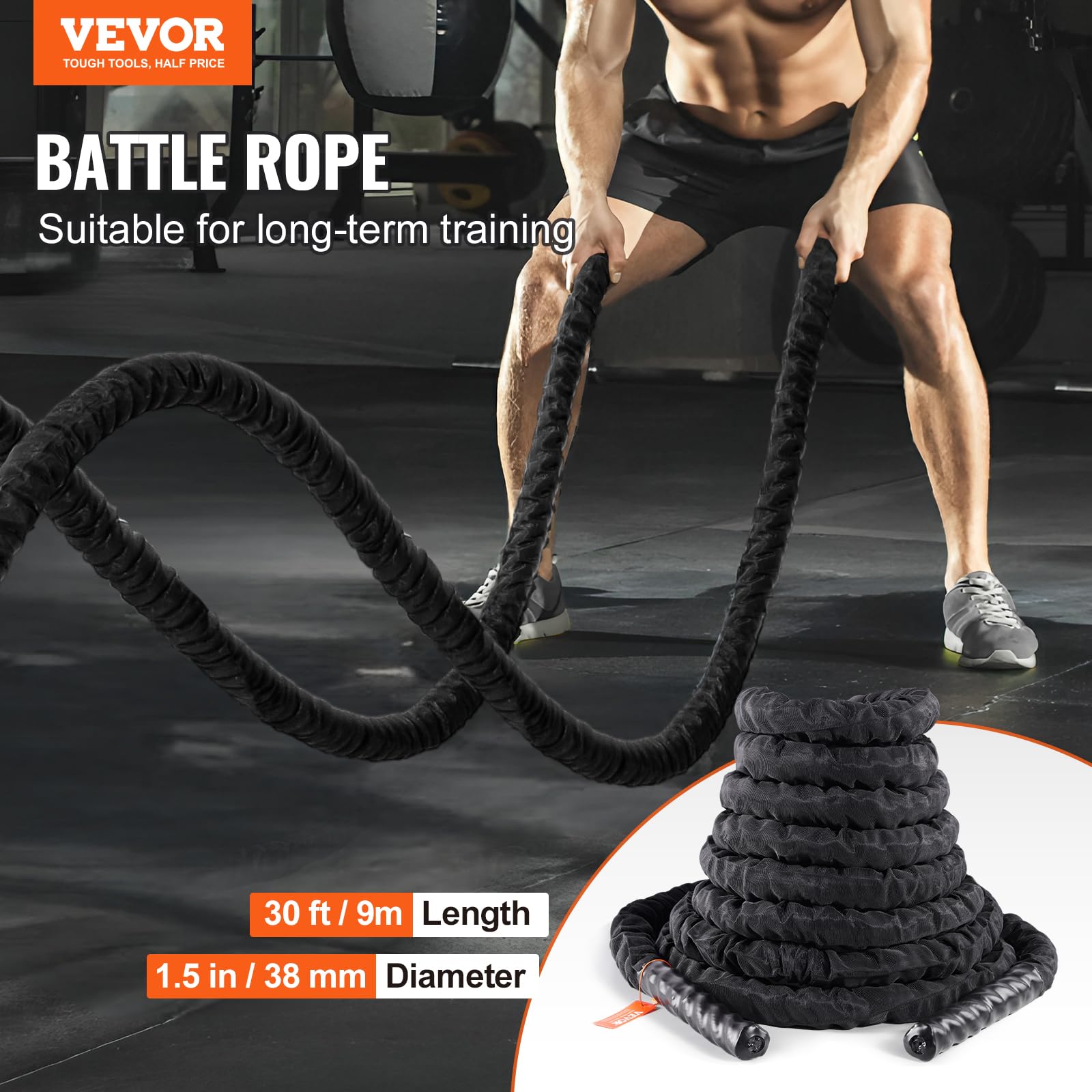 VEVOR Corde de combat, 38 mm, corde d'entraînement en polyester, 9,1 m, équipement d'exercice lourd avec manchon de protection et ancre, pour entraînement de force de base, la salle de gym à domicile