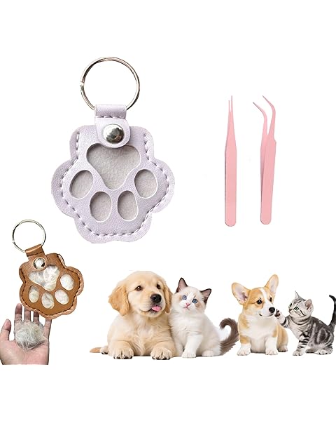 Dog fur keepsake keychain cute pet paw shaped leather keychain for dog&cat hair kee...
