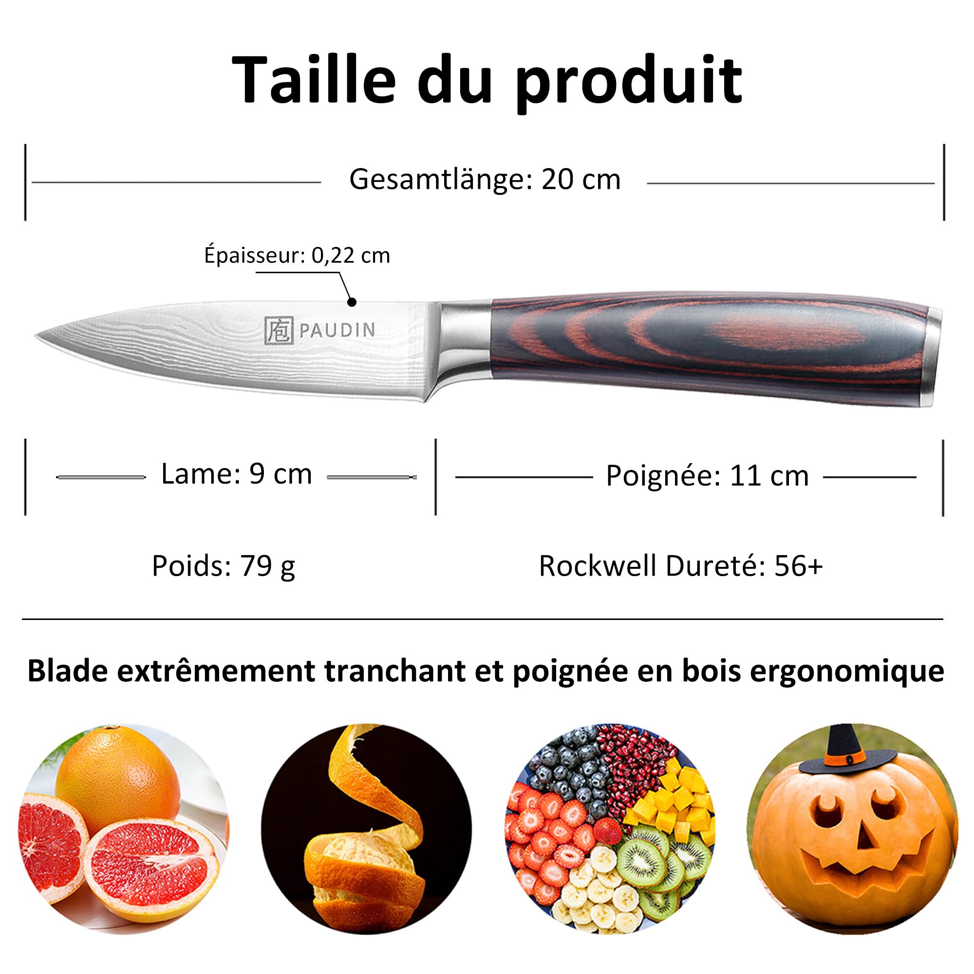 PAUDIN Couteaux à Eplucher - Couteau à Fruits de 3,5 Pouces, Tranchants Couteau d'office Allemands en Acier Inoxydable à Haute Teneur en Carbone, Résistant à l'usure