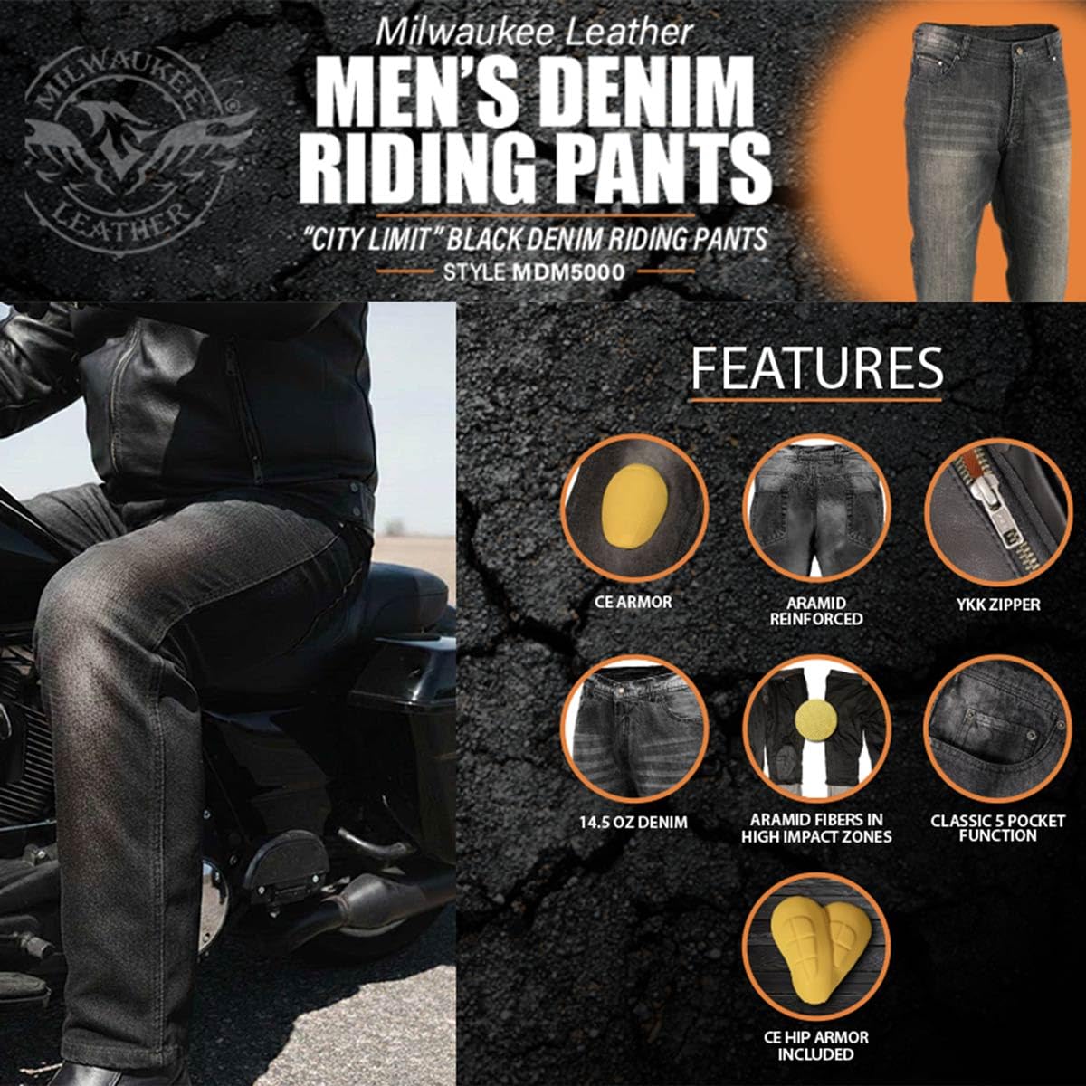 Milwaukee Leather MDM5002 - Pantalones de Mezclilla Blindados Azules para Motociclista, Reforzados con Fibras de aramida, 42