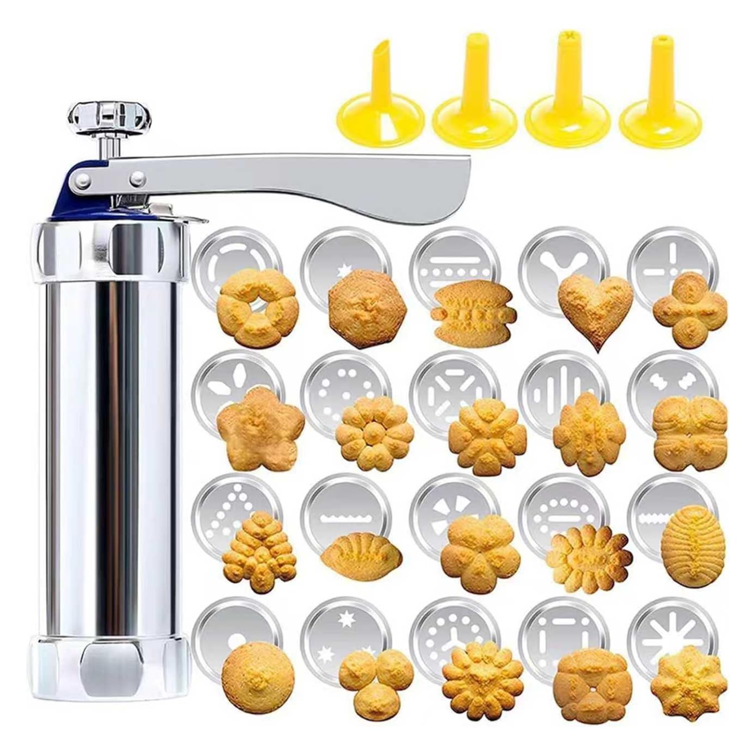 Pistola de prensa de galletas de acero inoxidable con 20 moldes y 4 boquillas para hornear y decorar postres