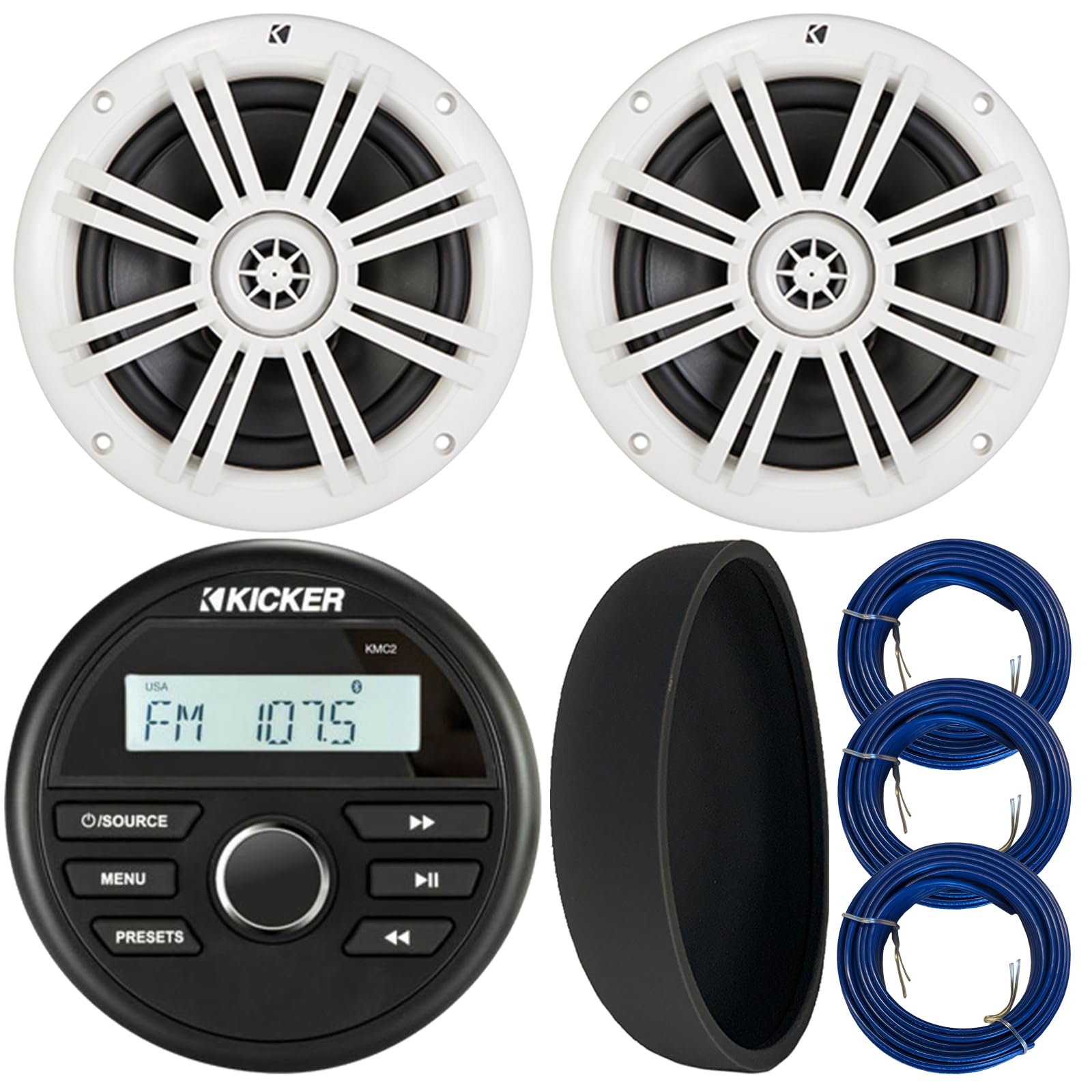 Kicker 46KMC2 Marine Bluetooth All-Weather AM/FM USB/AUX Gauge Style Media Center Receiver W/Black Cover, 2X 6.5 150 Watts Max Power Boat Coaxial White Speakers, 3X 20 Feet 16 Gauge Speaker Wire
