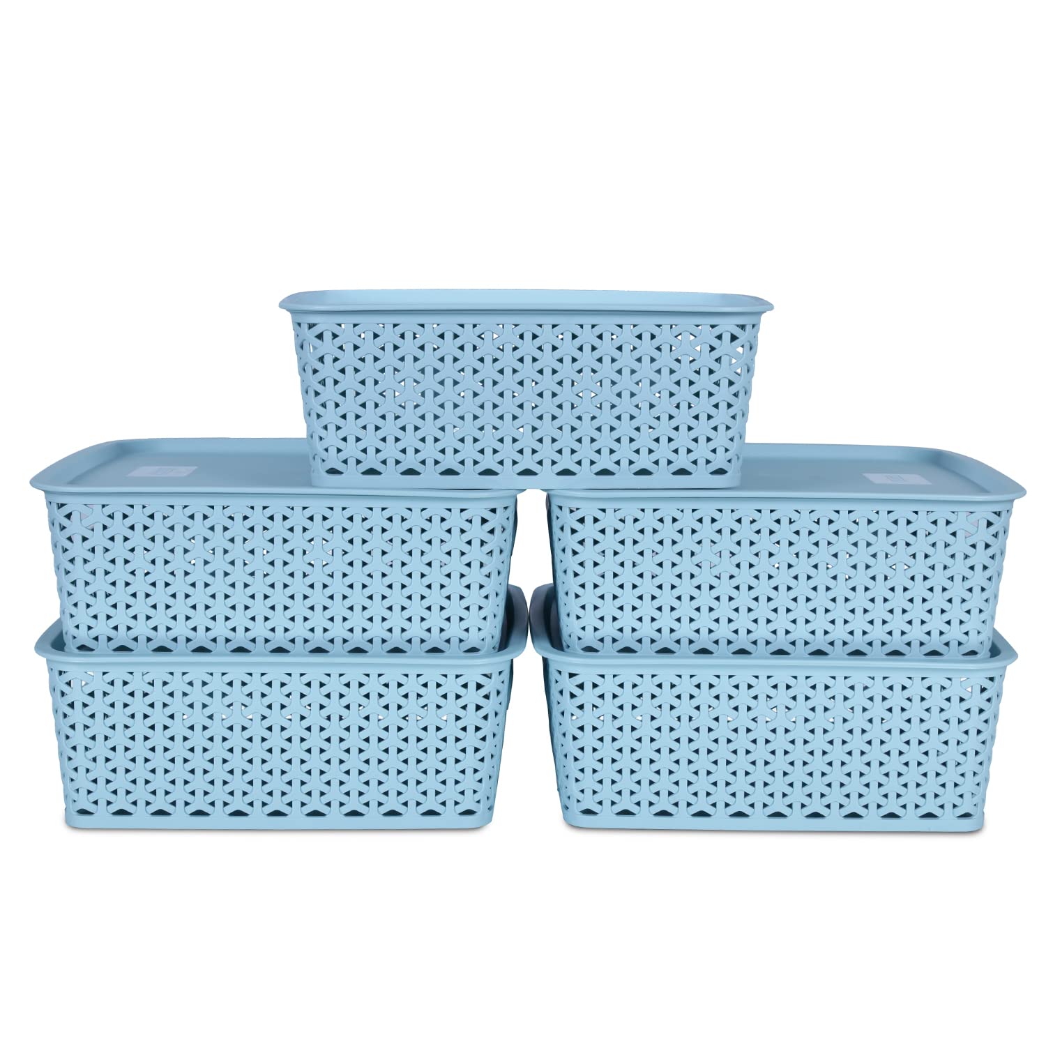 KOLORR Premium Elite Baskets Medium Pack of 5 with Lids Organiser Basket for Home Kitchen Wardrobe Toys Stationary - Mint Blue (B0C24D9SC4) Amazon Price History, Amazon Price Tracker
