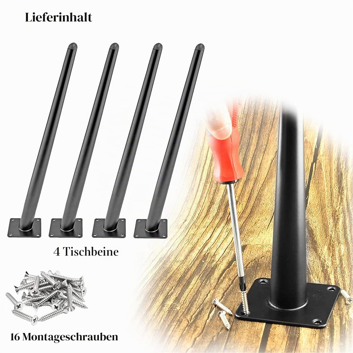 Drenky Tischbeine Metall Schwarz 4 Stück, Tischbein Konisch Schräg Rund 70cm Höhe Tischfüße Mit No-Slip Silent Base Aus Edelstahl Mit Schrauben Für Esstisch, Couchtisch Und Arbeitsplatte
